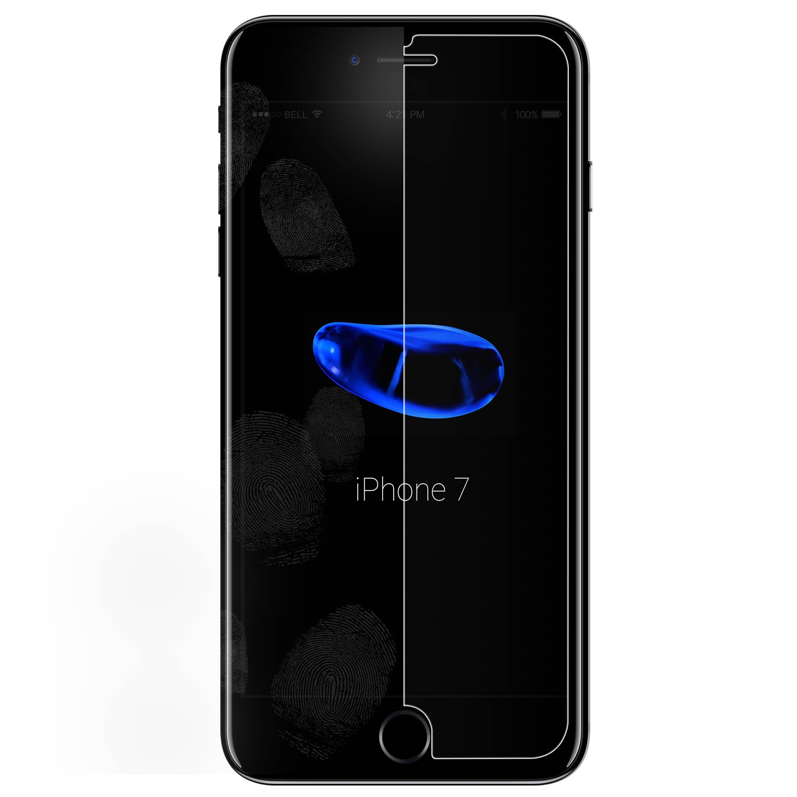 iPhone 7 nero con protezione schermo applicata, con impronte digitali visibili sullo schermo.