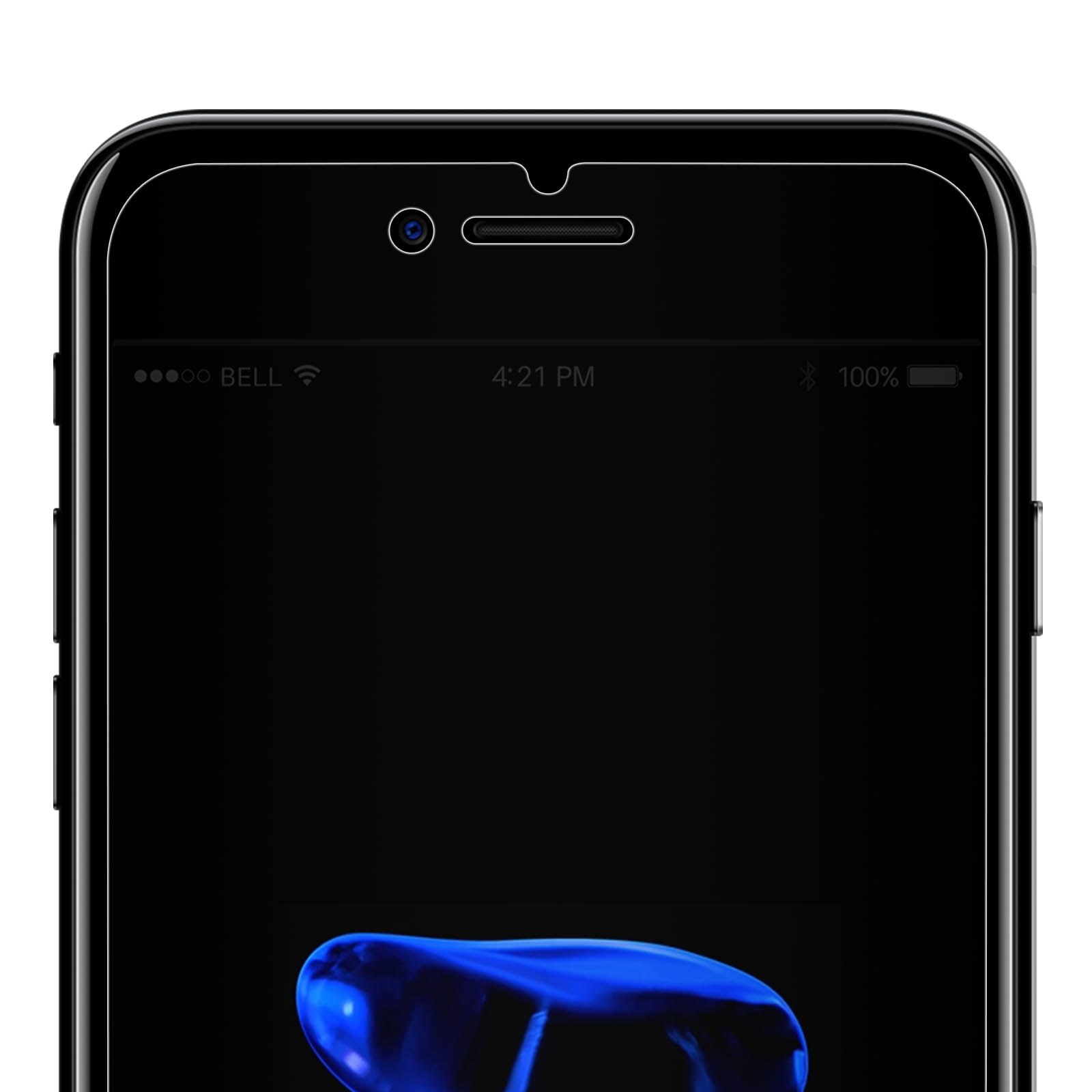 Smartphone con schermo nero. La parte superiore ha fotocamera, altoparlante e indicatori di segnale.
