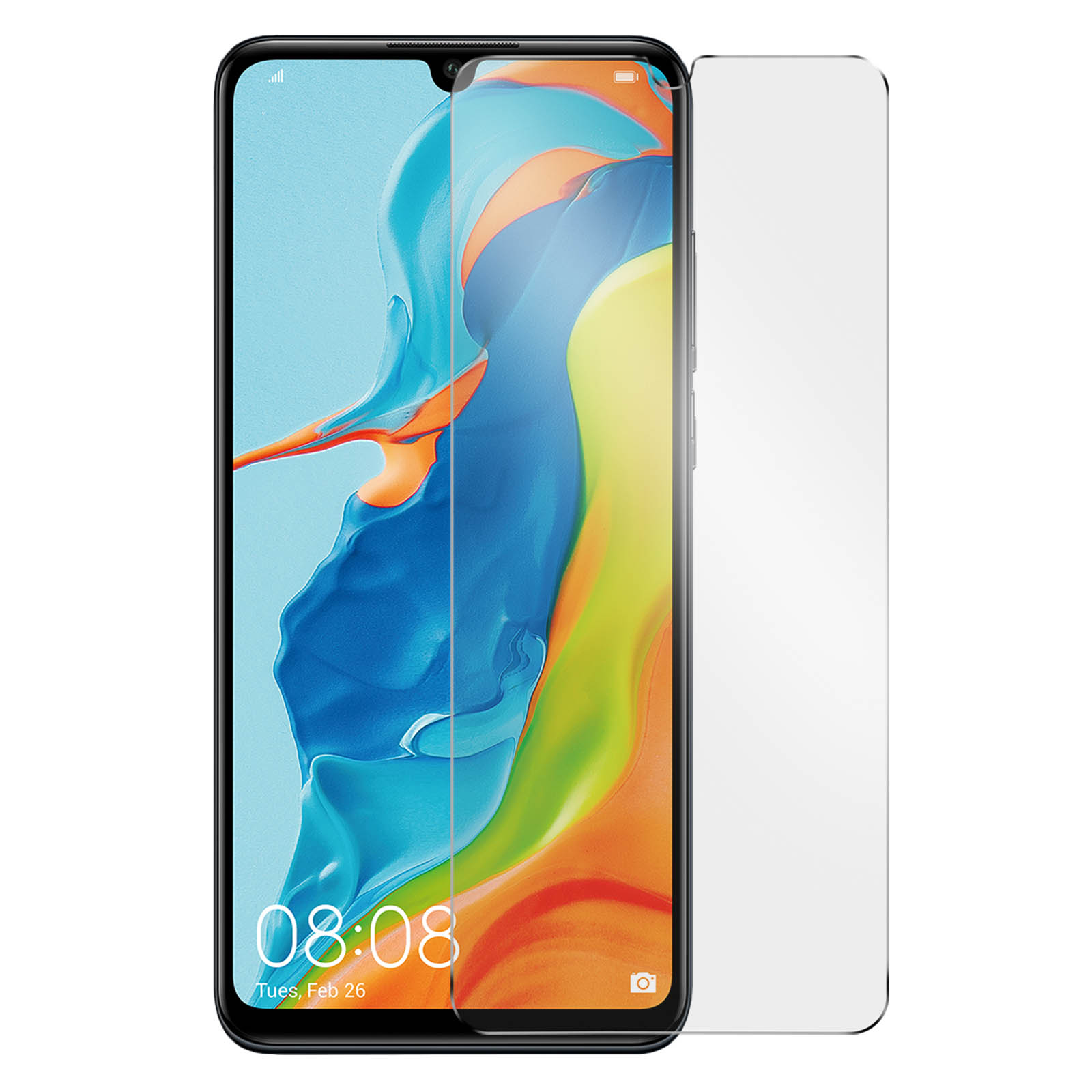 Un telefono con una protezione per lo schermo. Lo schermo mostra l'ora e la data. Sfondo bianco.