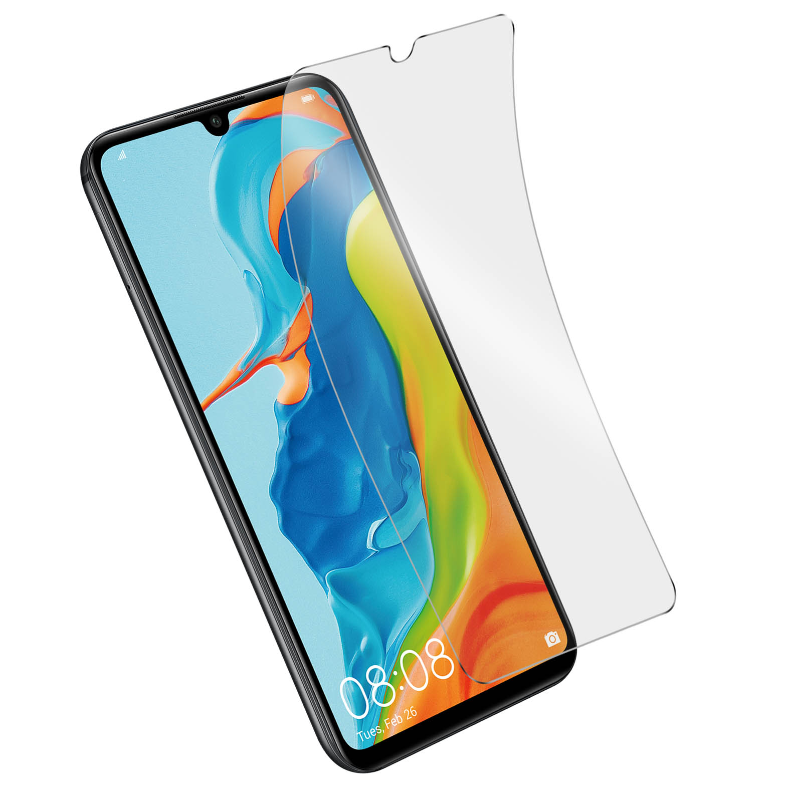 Smartphone con protezione schermo. Il display mostra l'ora e la data con una pellicola trasparente.