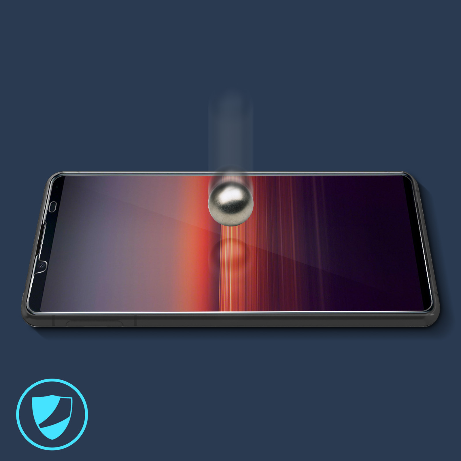 Telefoon met schermbeschermer en vallende metalen bal.