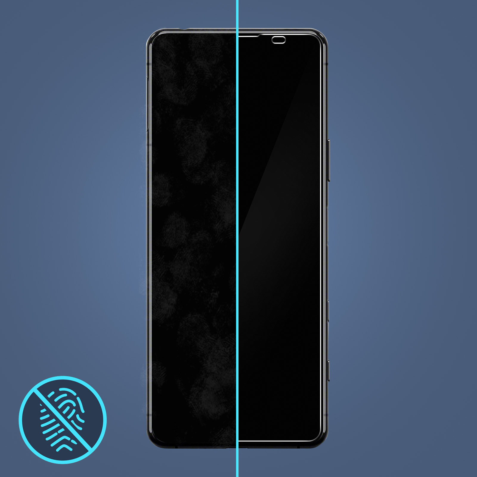 Een telefoonscherm gesplitst, de ene kant vuil, de andere kant schoon, met een vingerafdrukpictogram.