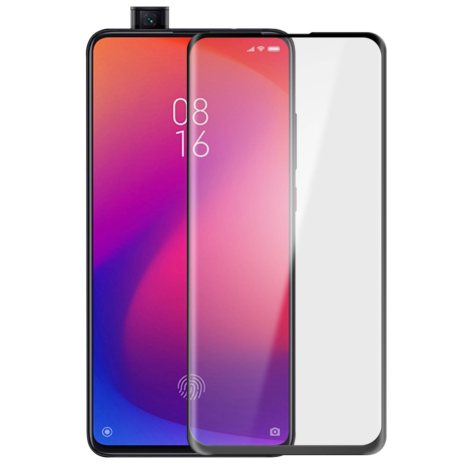 Smartphone con protezione schermo. Telefono mostra data e ora. Parte superiore nera, gradiente rosa e rosso.