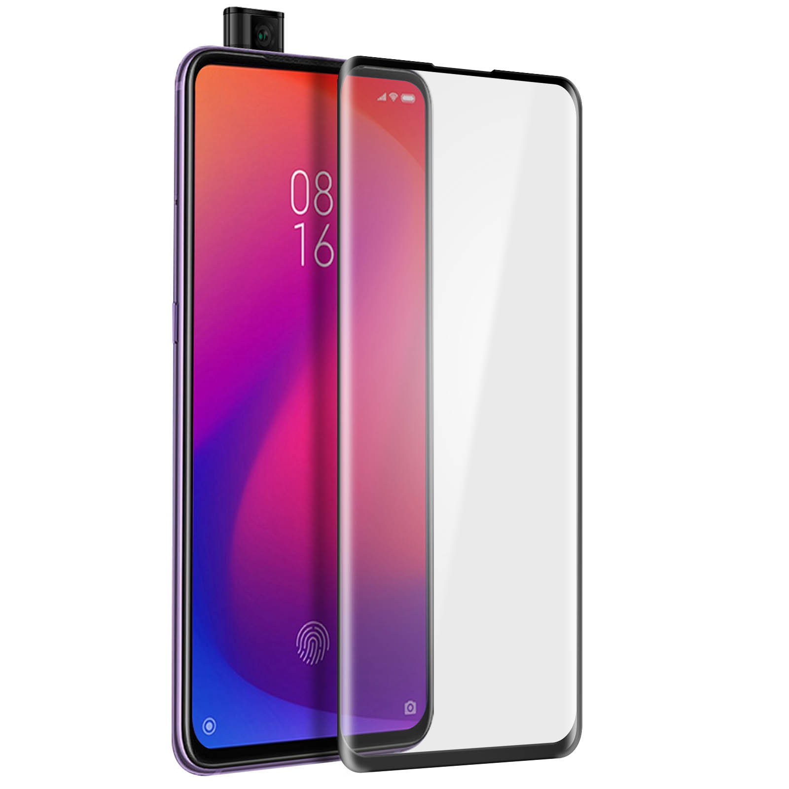 Un telefono viola con protezione schermo. Il telefono mostra uno sfondo colorato.