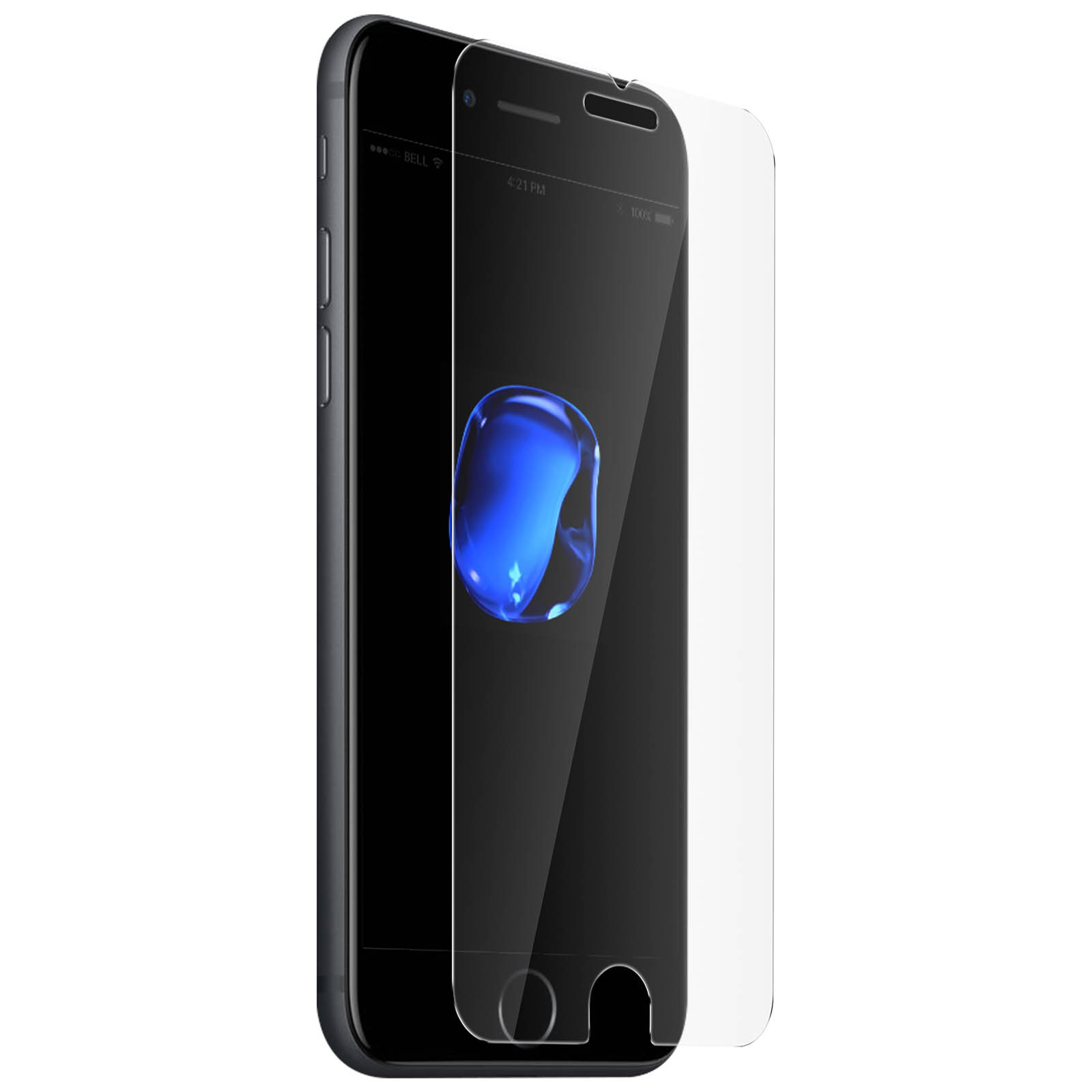 Uno smartphone nero con una protezione schermo. Lo schermo mostra una goccia d'acqua blu.