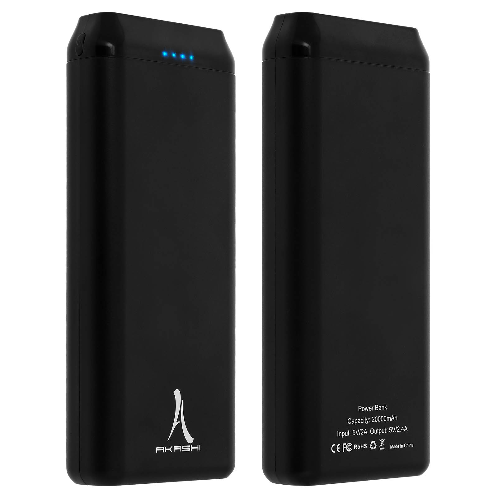 Schwarze Powerbank mit Akashi-Logo und Powerbank-Details auf der Rückseite.