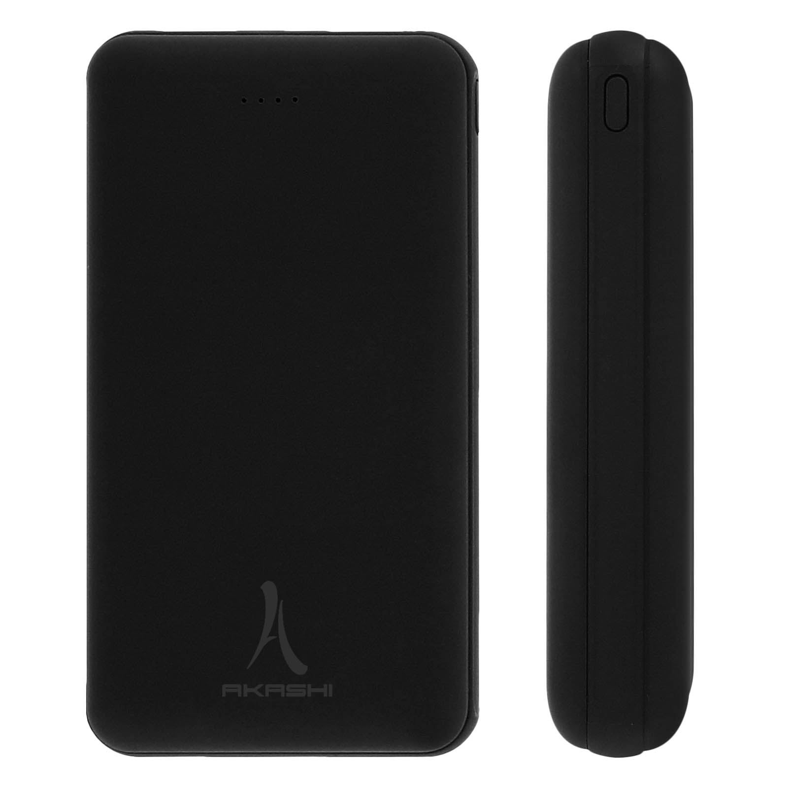 Schwarze Akashi Powerbank, Vorder- und Seitenansicht. Das Logo befindet sich unten.