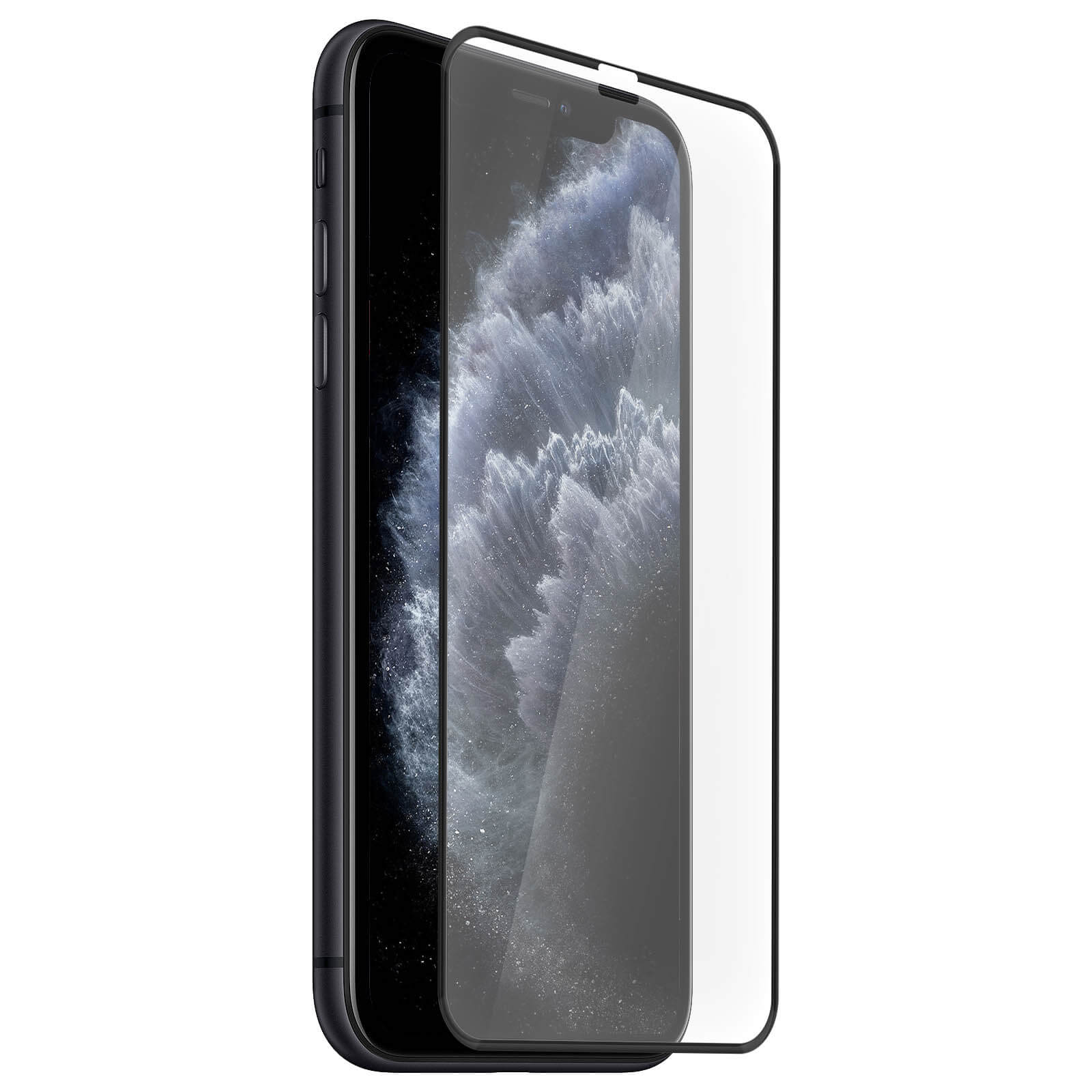 Uno smartphone con una protezione per lo schermo applicata. Il telefono è nero e la protezione è trasparente.