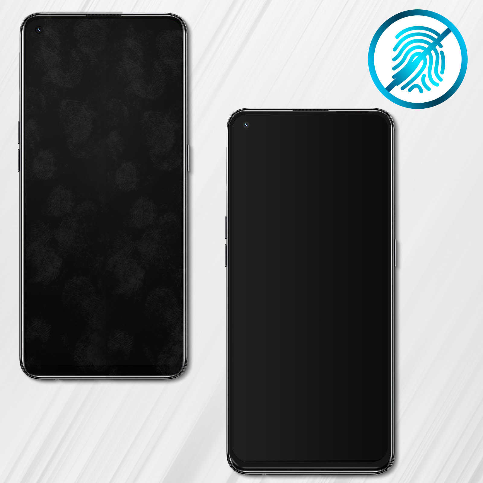 Due smartphone con schermi neri. Uno ha impronte digitali, l'altro è pulito. Un'icona di impronta digitale è barrata.