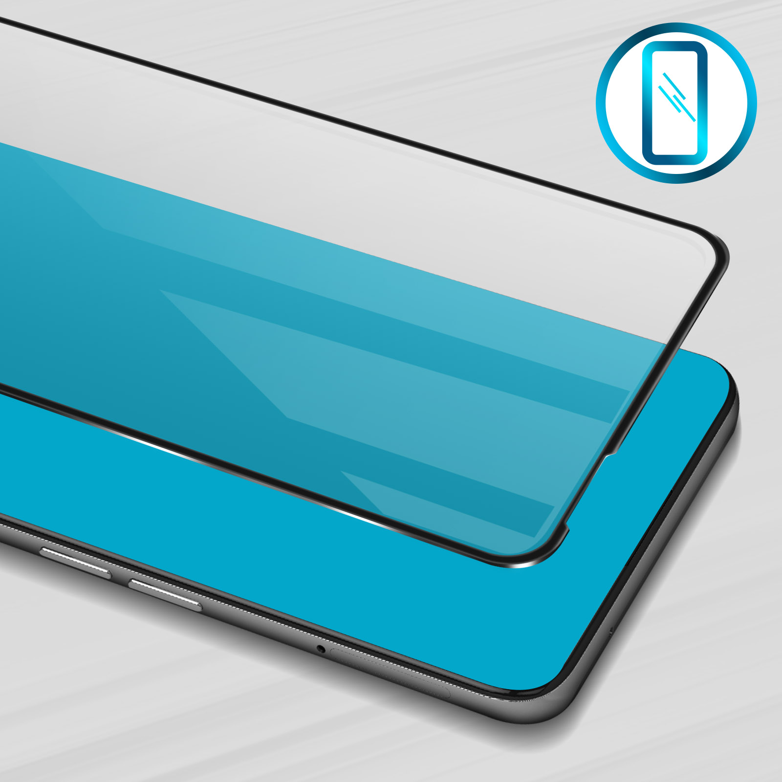 Uno smartphone con un proteggi schermo in fase di applicazione. Il telefono è nero, il proteggi schermo è trasparente. Lo sfondo è grigio chiaro.