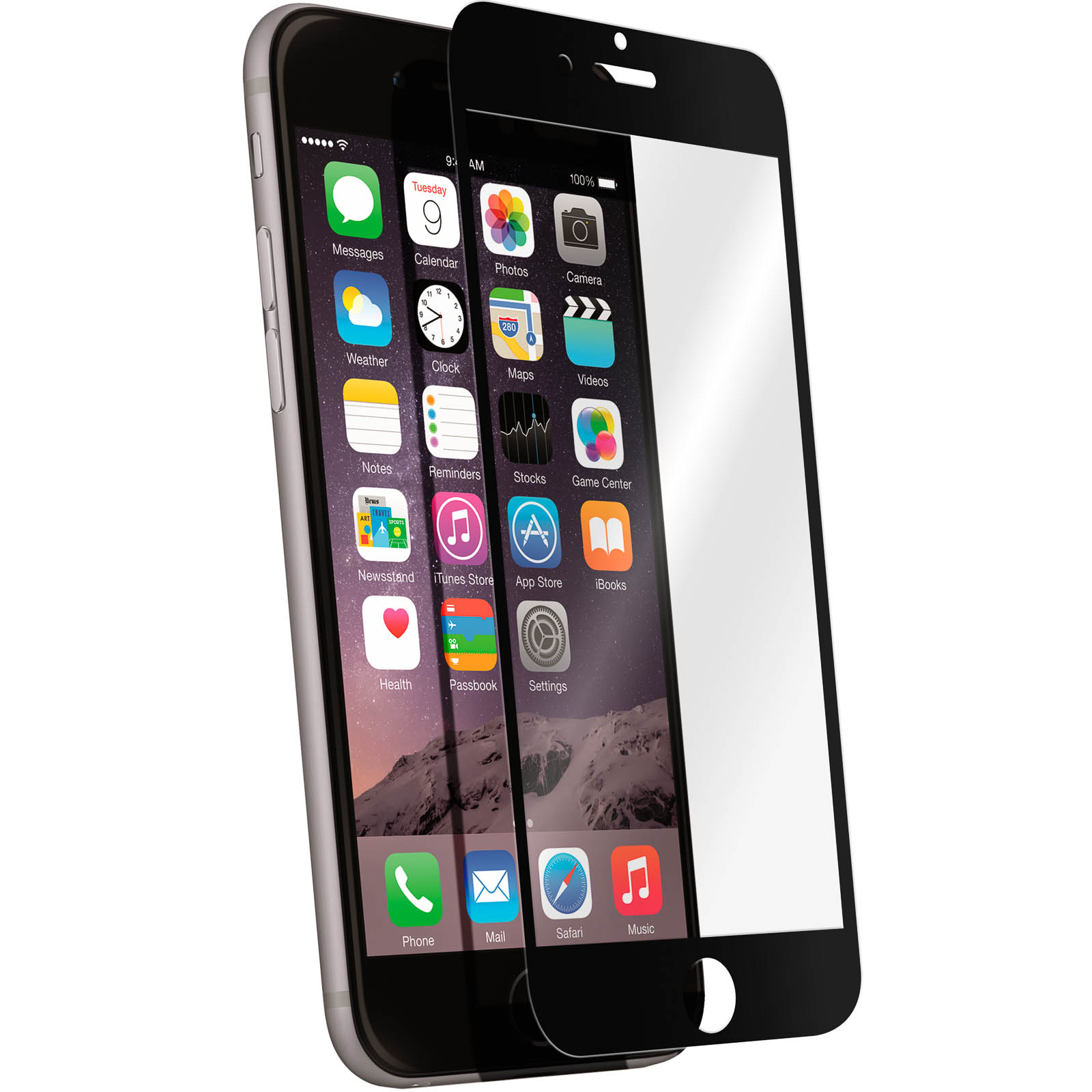 Smartphone con protezione schermo applicata, accanto a una di ricambio. Sfondo bianco.