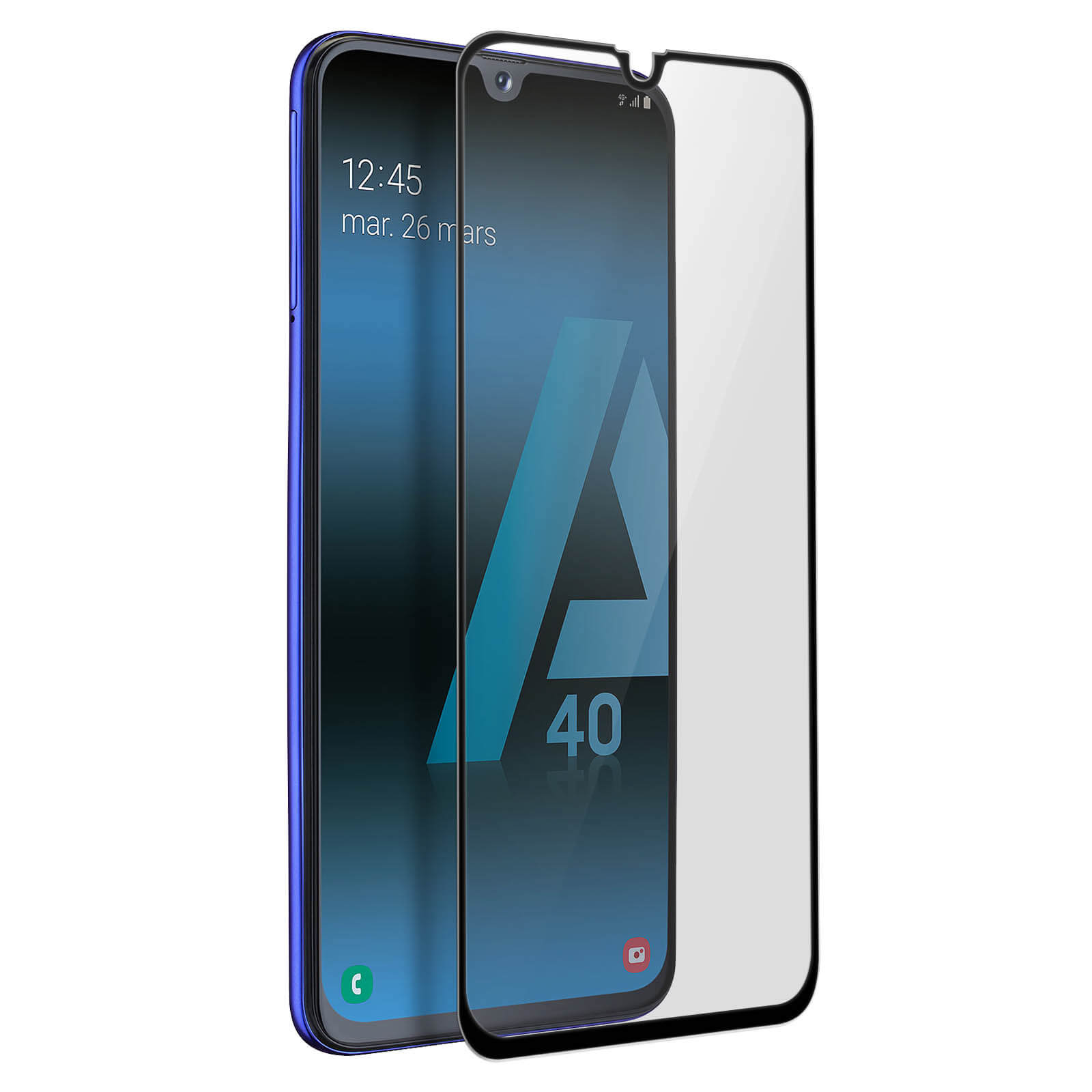 Smartphone con protezione schermo, che mostra ora e data, con cornice blu.