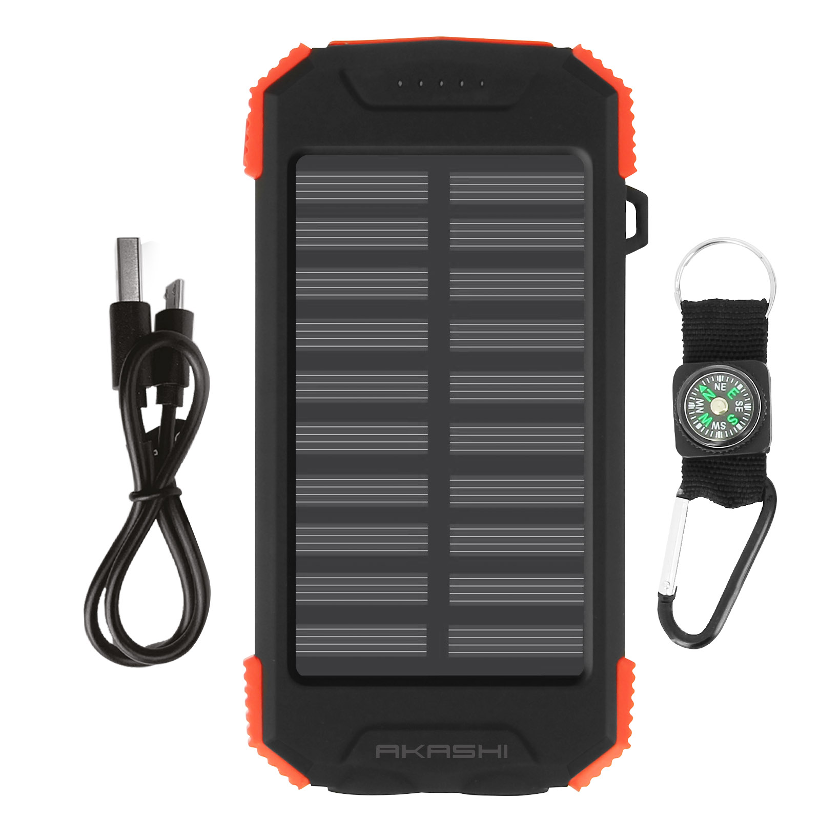 Schwarzes Solarladegerät mit roten Kanten, ein USB-Kabel und ein Kompass mit Karabiner.