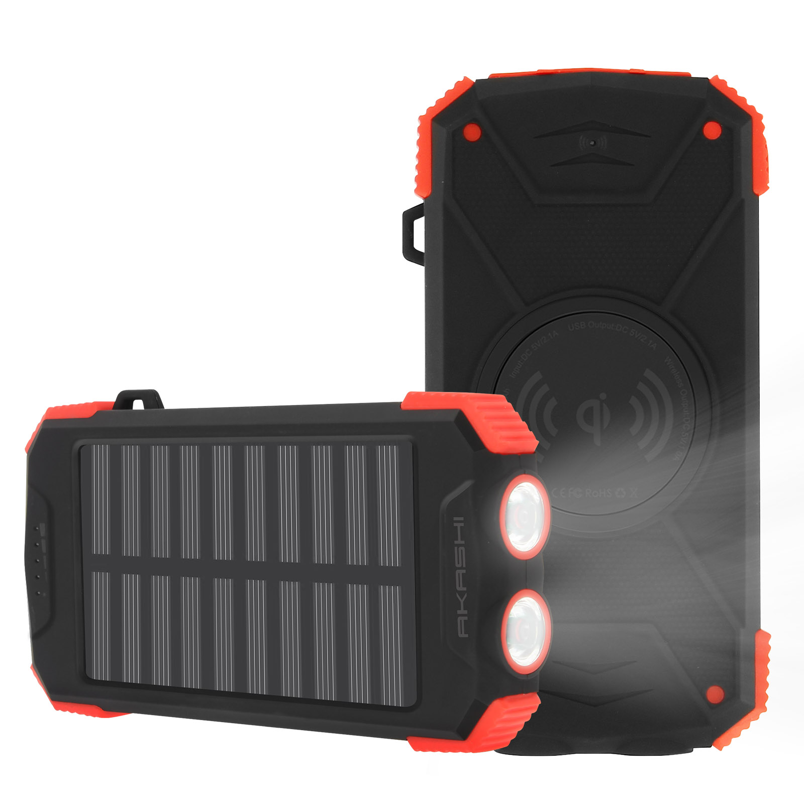 Schwarze und rote Powerbank mit Solarpanel. Eine weitere Powerbank im Hintergrund.