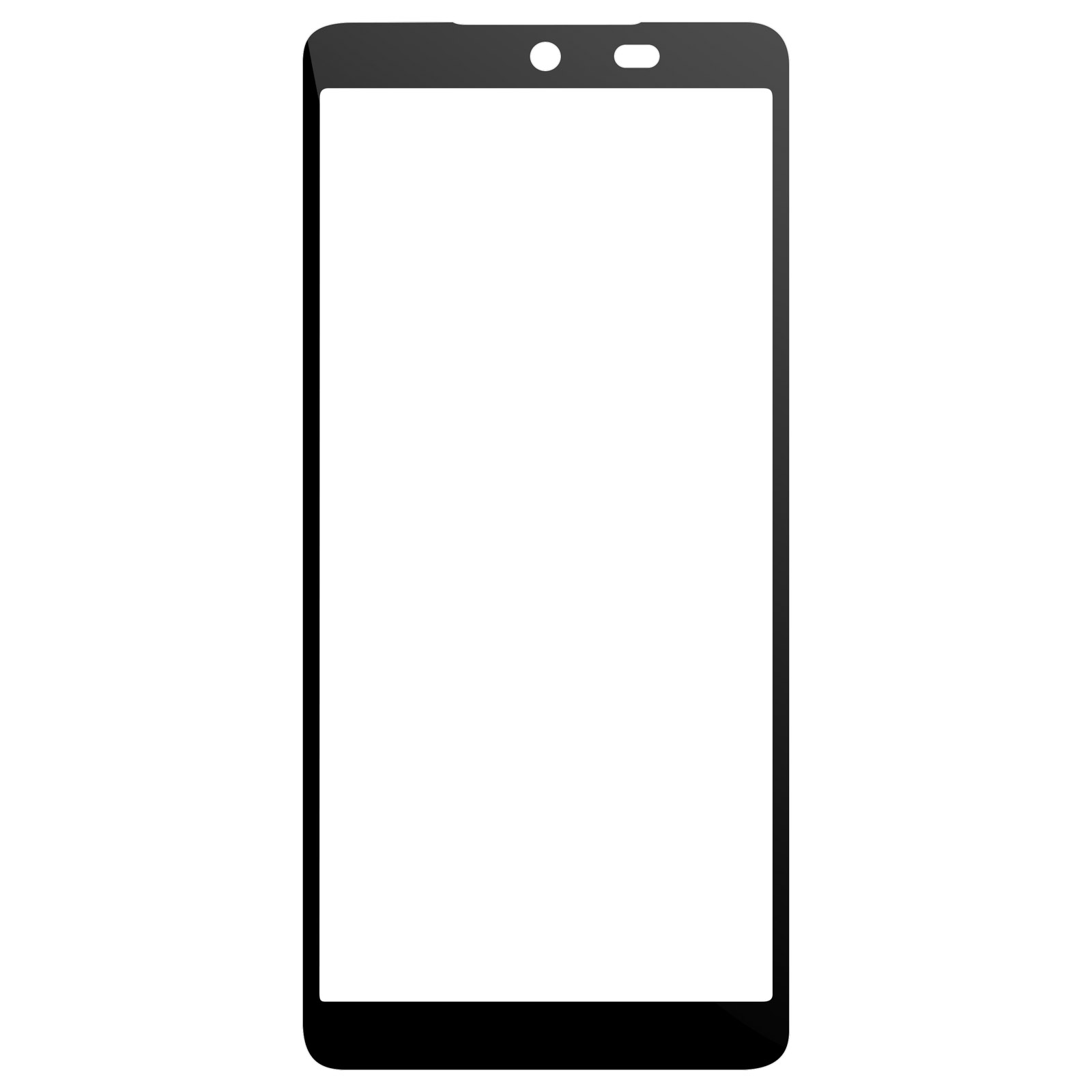 Schermo di smartphone con cornice nera. Lo schermo è bianco. Fotocamera e altoparlante in alto.