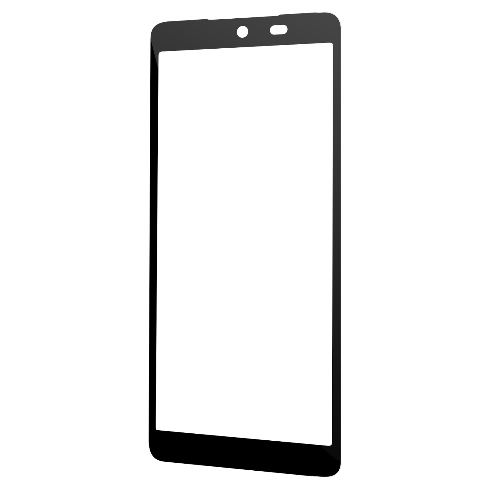 Una cornice nera per smartphone con schermo bianco, piccole aperture per fotocamera e sensore in alto.