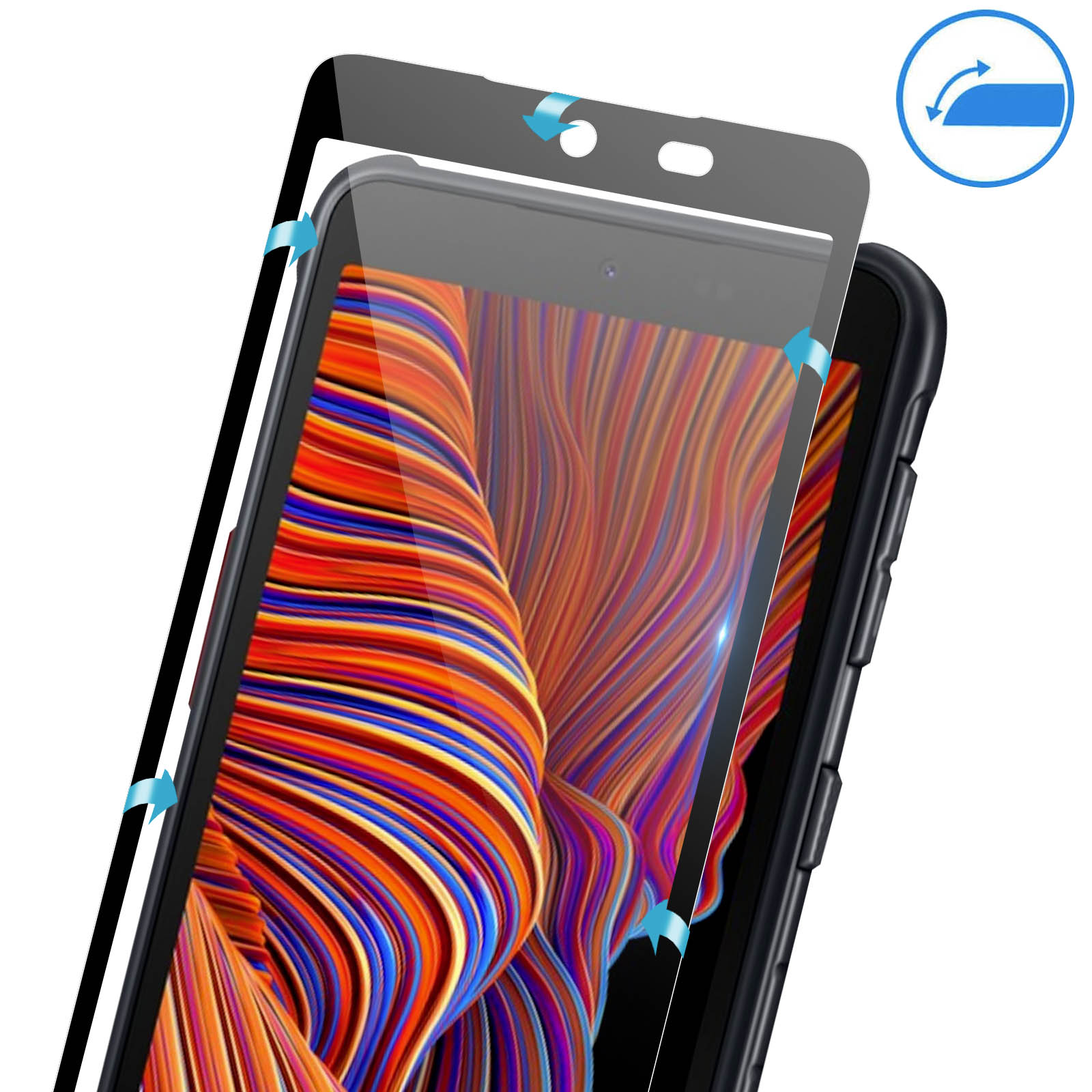 Un proteggi schermo viene applicato a un telefono. Il telefono ha uno sfondo colorato e a spirale.