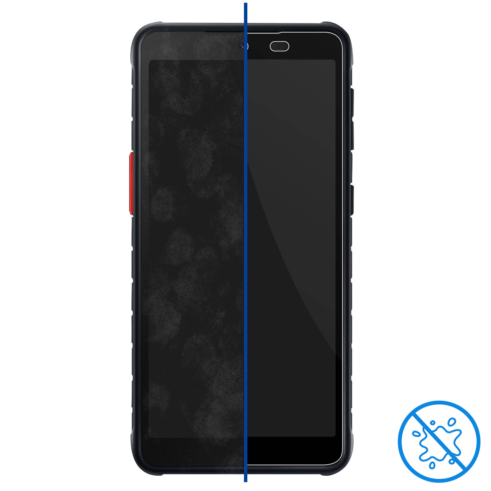 Un proteggi schermo per smartphone. Il lato sinistro è macchiato di impronte digitali. Una linea blu separa il lato destro pulito. Nessun segno di goccia d'acqua.