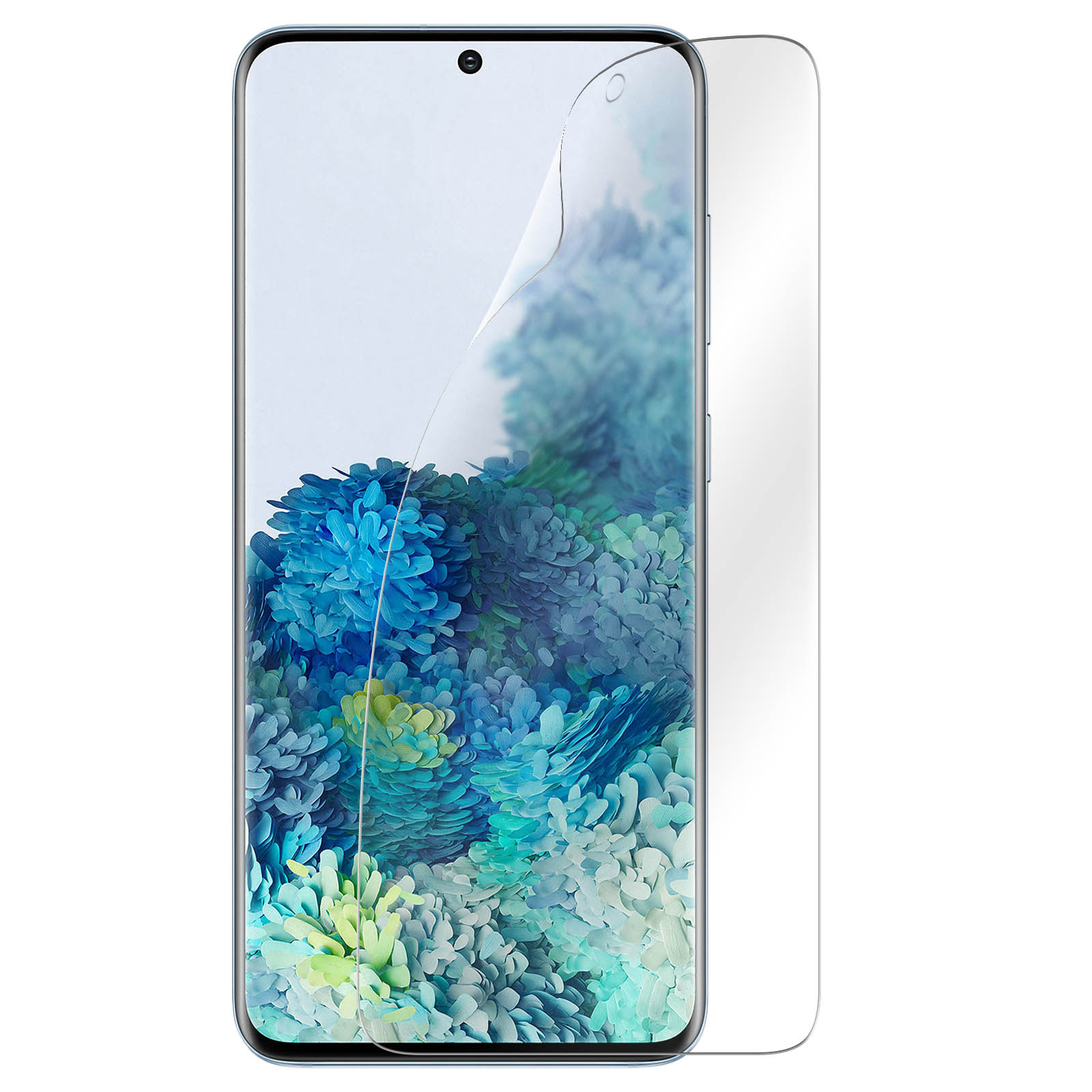 Smartphone con protezione schermo applicata. Lo schermo mostra un'immagine floreale. La protezione si sta staccando.