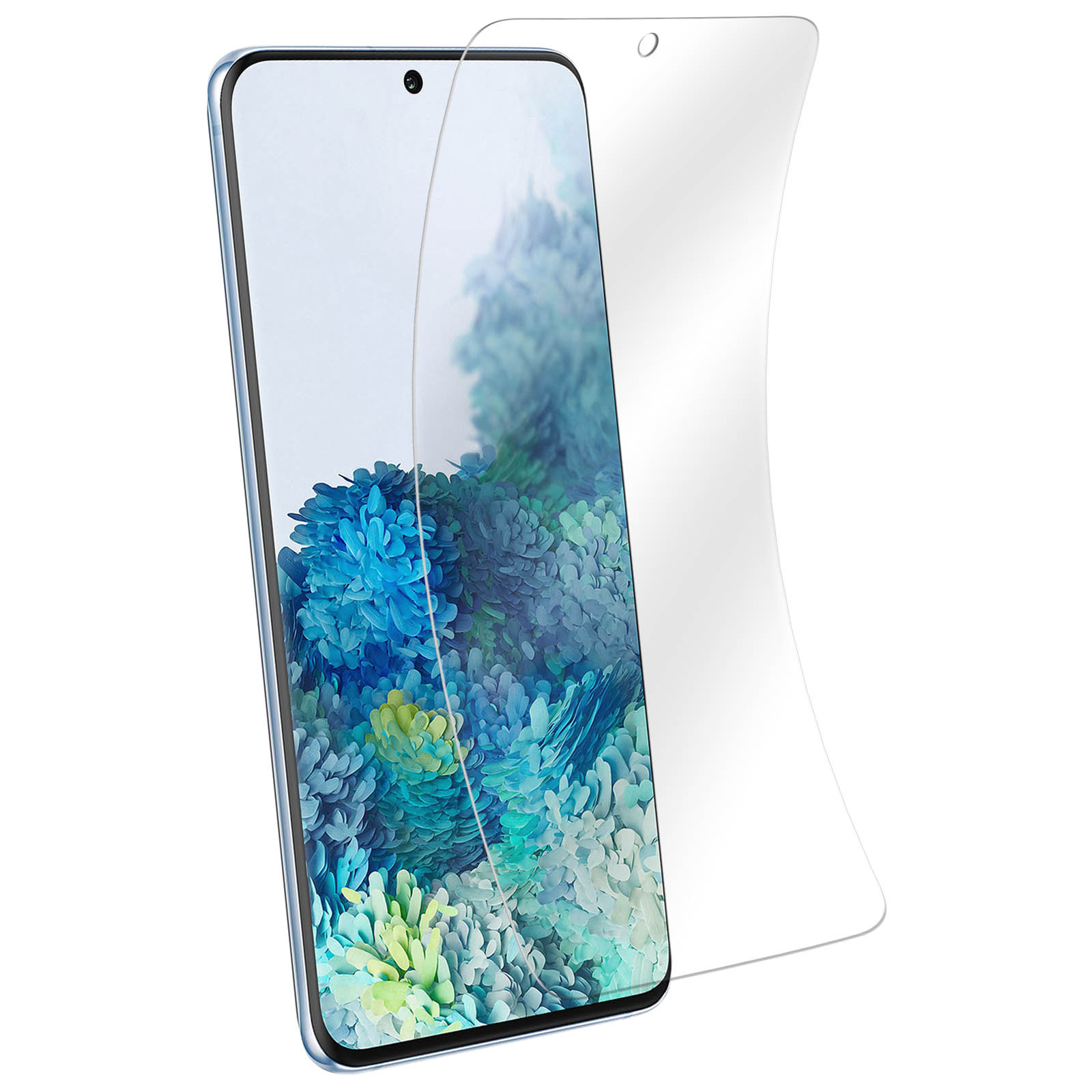 Uno smartphone con una protezione per lo schermo, lo schermo mostra un'immagine floreale blu e verde. La protezione è parzialmente staccata.