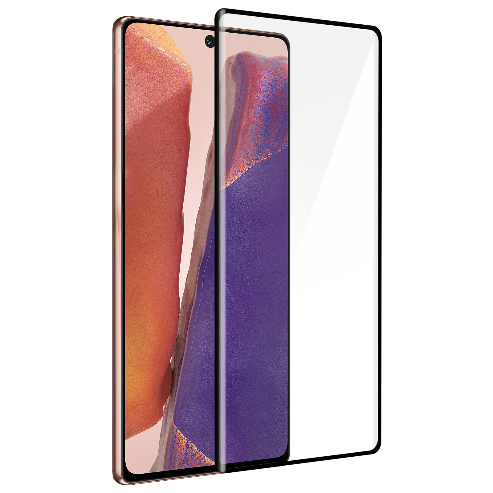Uno smartphone con una protezione per lo schermo applicata. Il telefono ha una cornice dorata e un display di sfondo colorato.