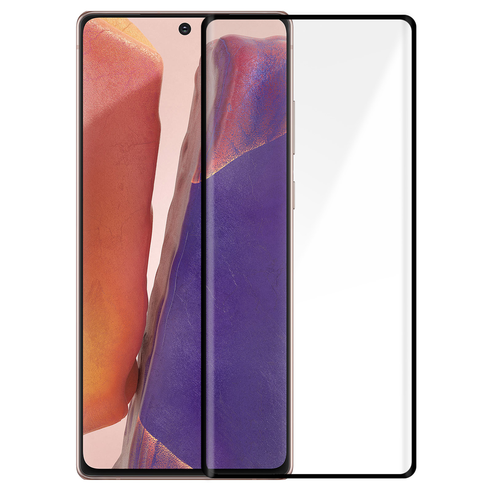Un smartphone avec un protecteur d'écran appliqué. Le téléphone affiche un fond abstrait coloré. Le protecteur est clair et brillant.