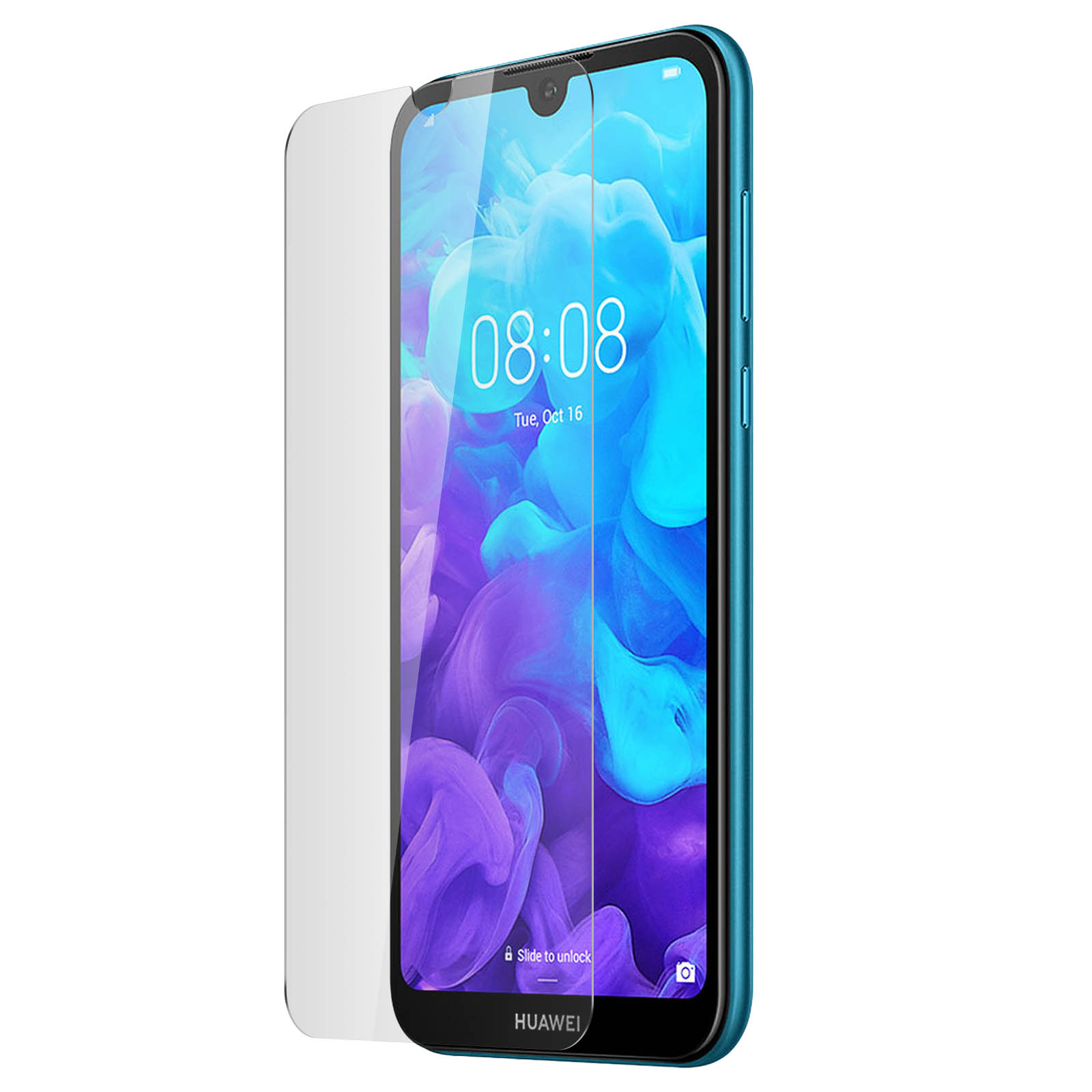 Smartphone bleu avec protecteur d'écran. L'écran affiche l'heure et un fond abstrait coloré.