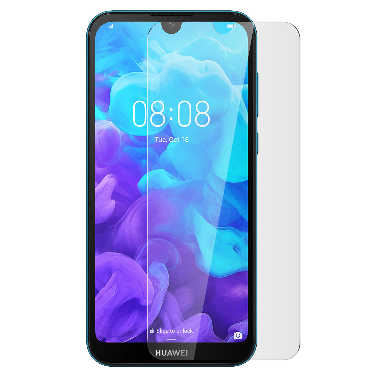 Smartphone avec protecteur d'écran installé. Affiche l'heure et la date. Le téléphone est bleu.