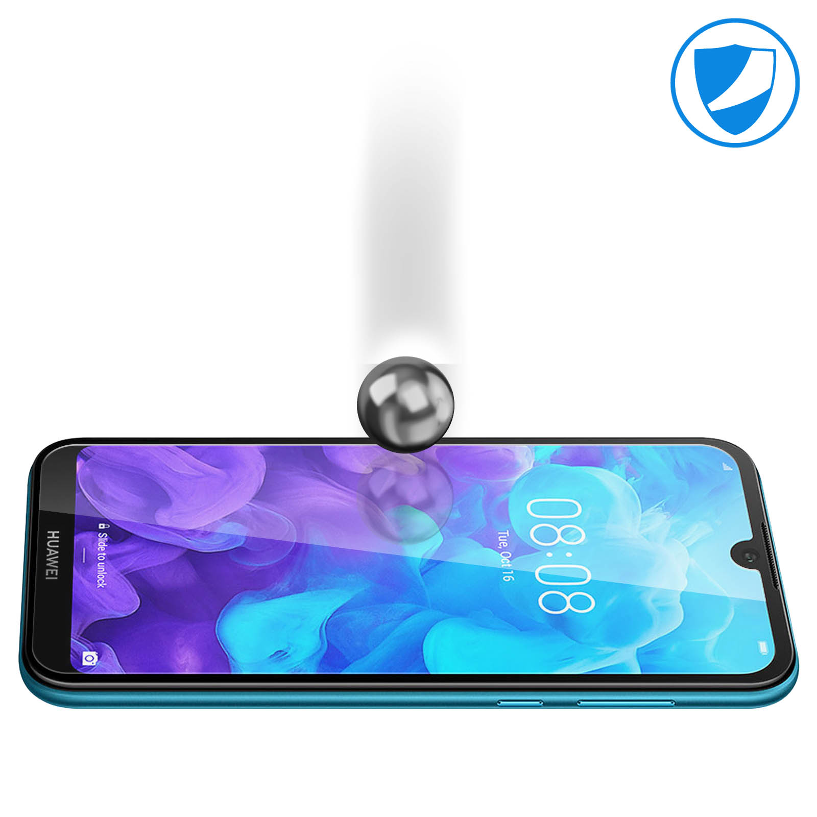Een telefoonscherm met een beschermer en een bol die erop valt, wat de slagvastheid illustreert.