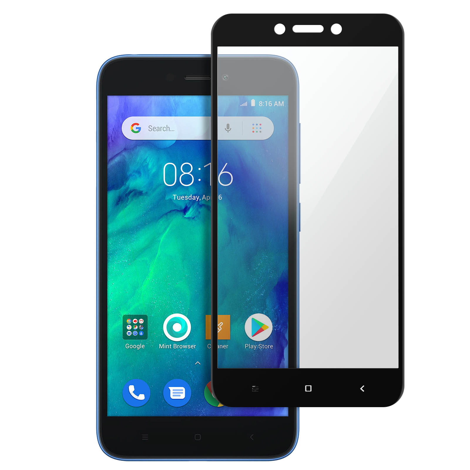 Smartphone con protezione schermo. Lo schermo mostra data e ora. Sfondo bianco.