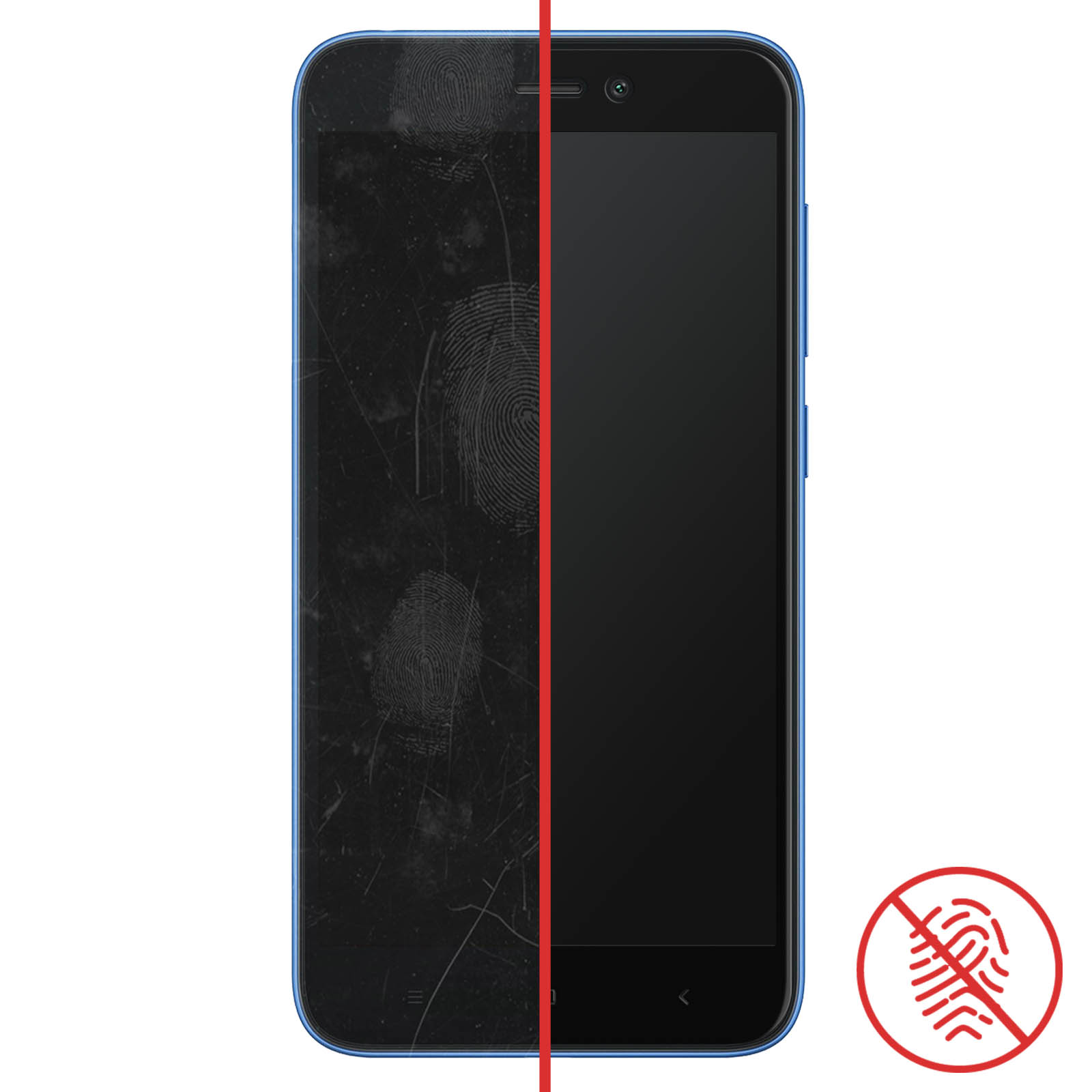 Smartphone con impronte digitali sullo schermo. Una linea rossa mostra l'effetto pulente.