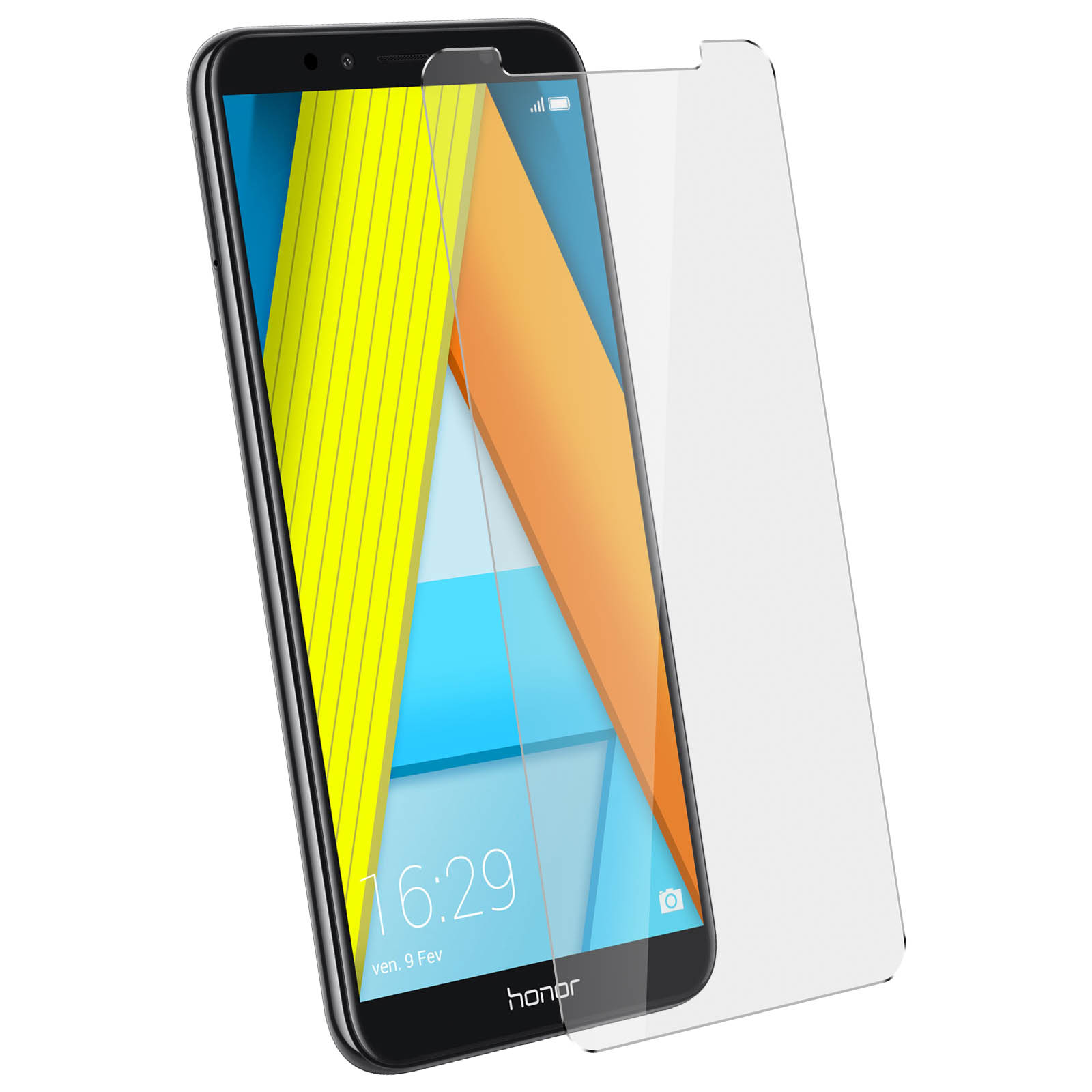 Smartphone con protezione schermo, sfondo giallo-arancione.
