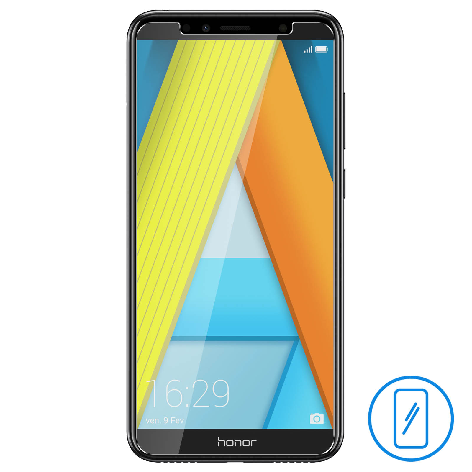 Un telefono con una protezione per lo schermo. Il telefono ha uno schermo con un design astratto.