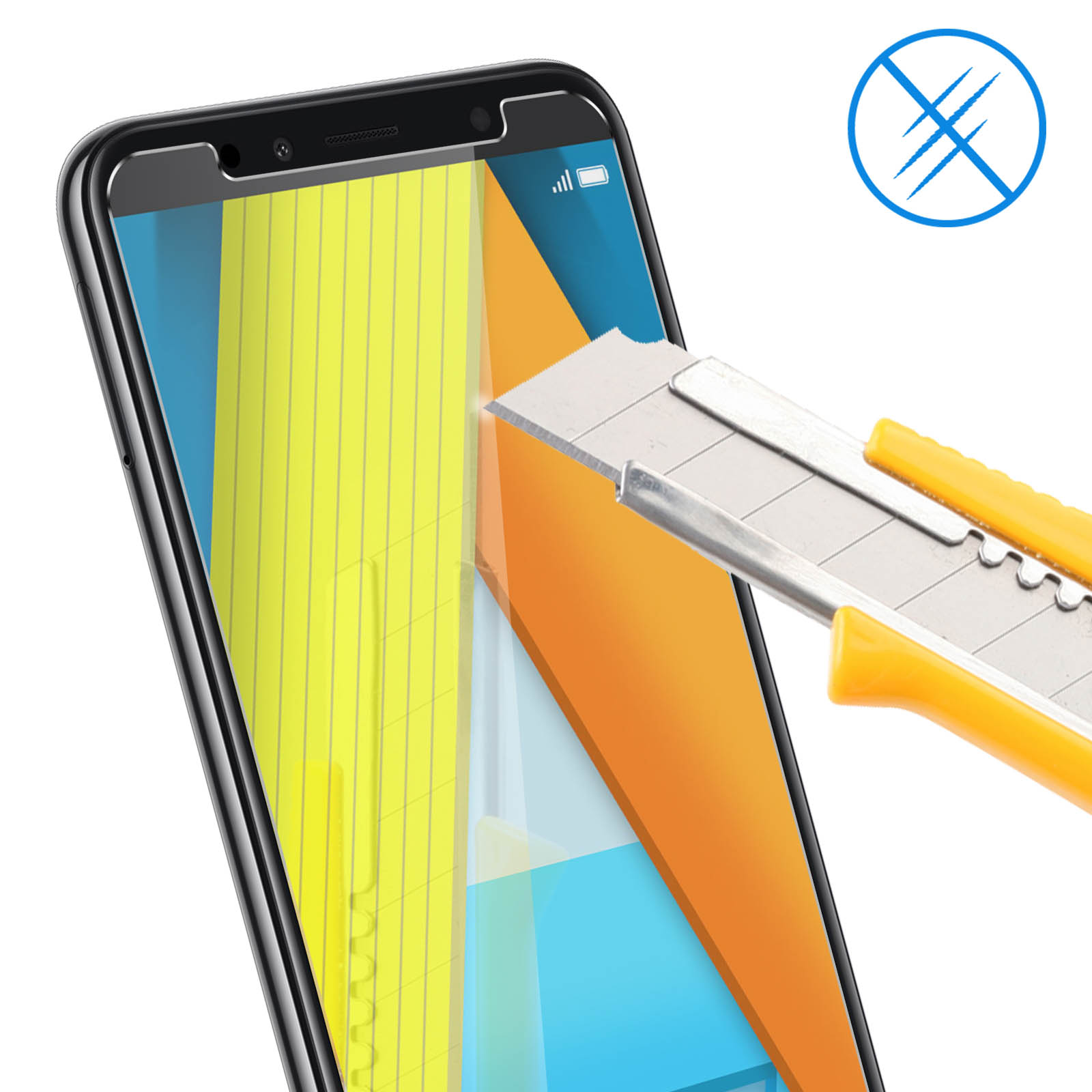 Smartphone con protezione schermo tagliato con un taglierino. L'icona è nell'angolo.