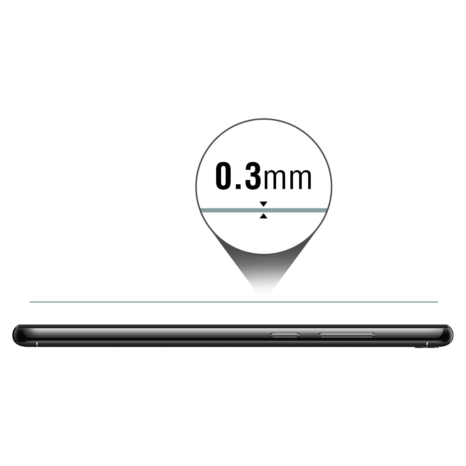 Primo piano di un telefono, con un righello che indica lo spessore di 0,3 mm.