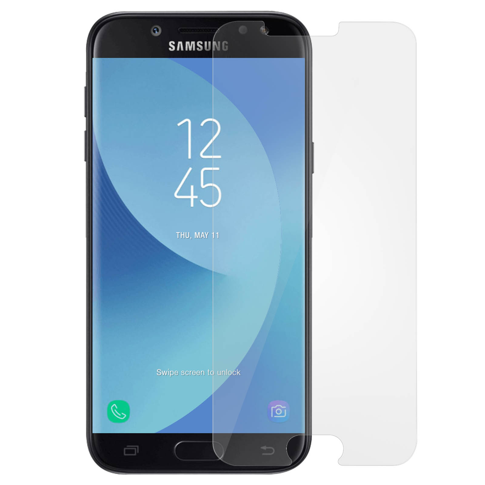 Telefono Samsung con protezione schermo. Schermo mostra ora e icone. Sfondo bianco.