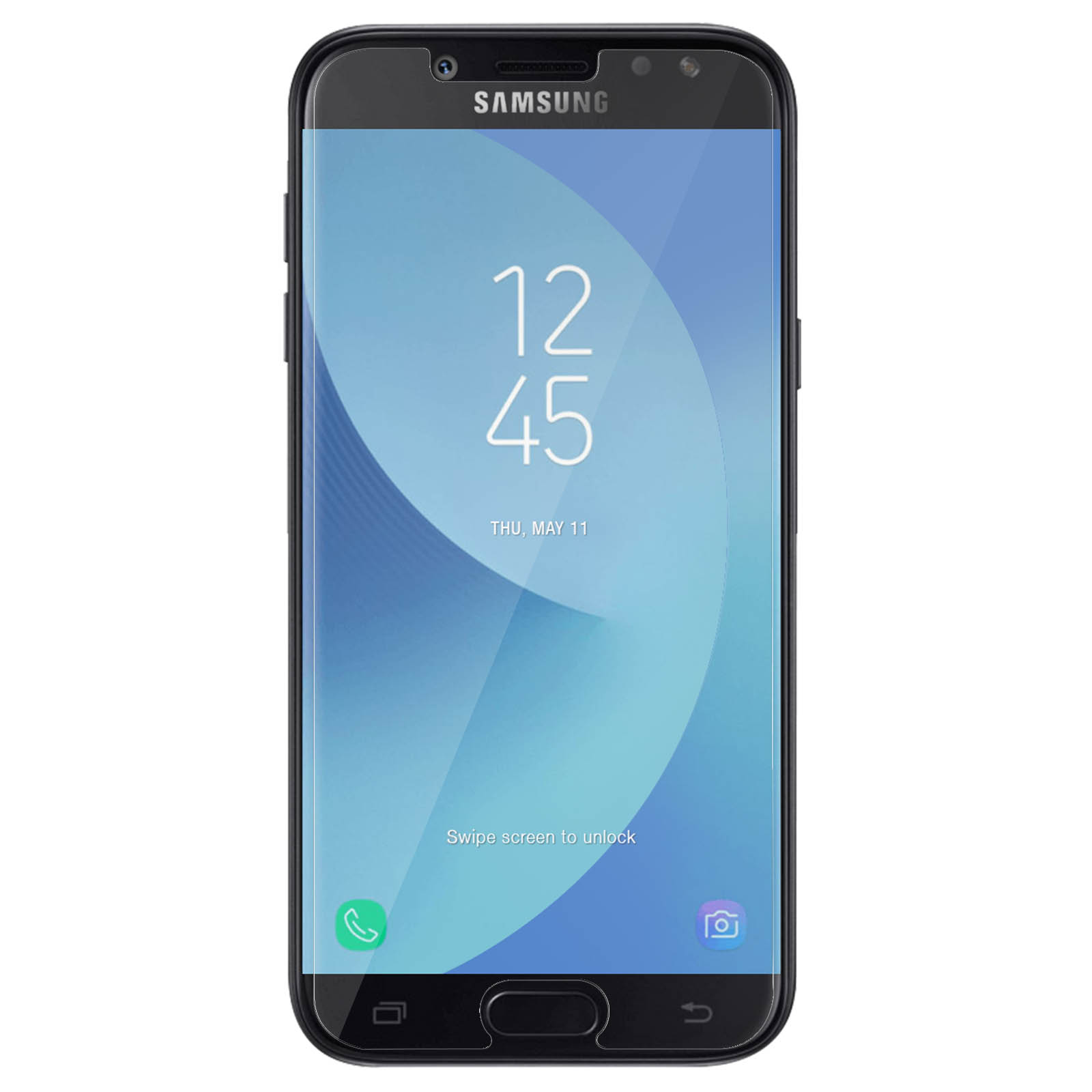 Telefono Samsung nero. Lo schermo mostra l'ora e la data. Lo schermo del telefono è acceso.