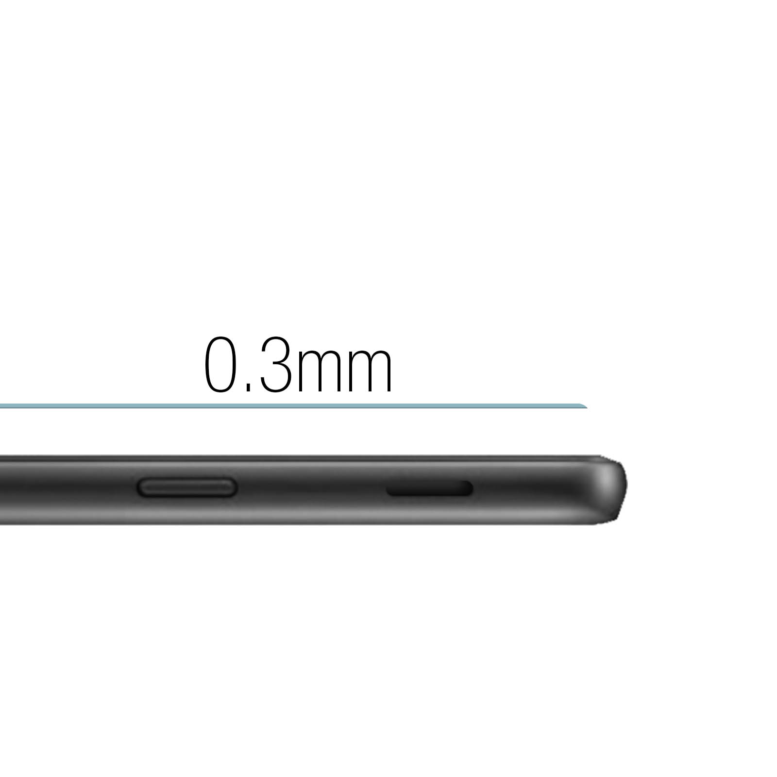 Primo piano del lato di un telefono. Testo da 0,3 mm e una sottile linea blu sono visibili. Il telefono è grigio scuro.