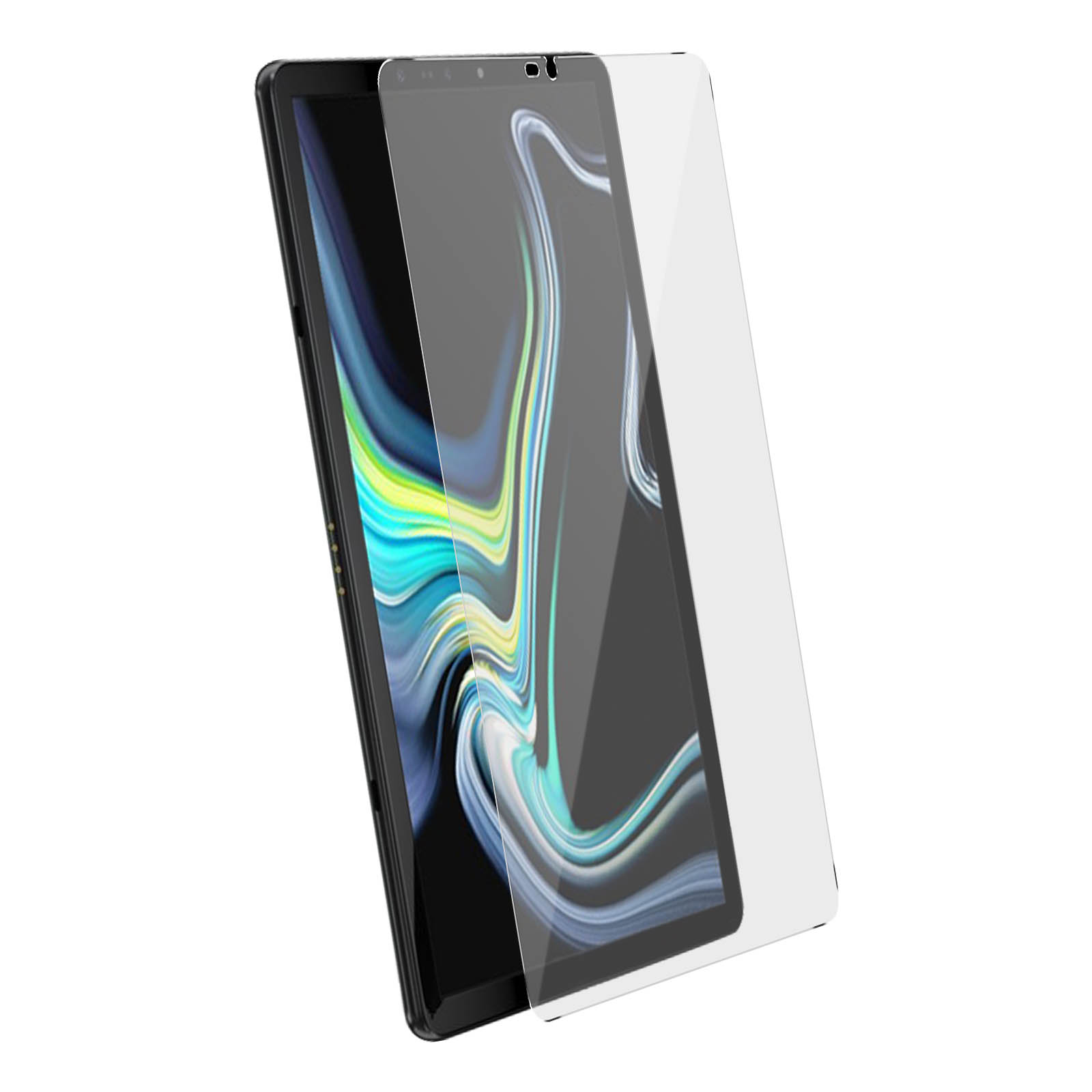 Un tablet con una protezione schermo applicata. Lo schermo mostra un'immagine colorata.