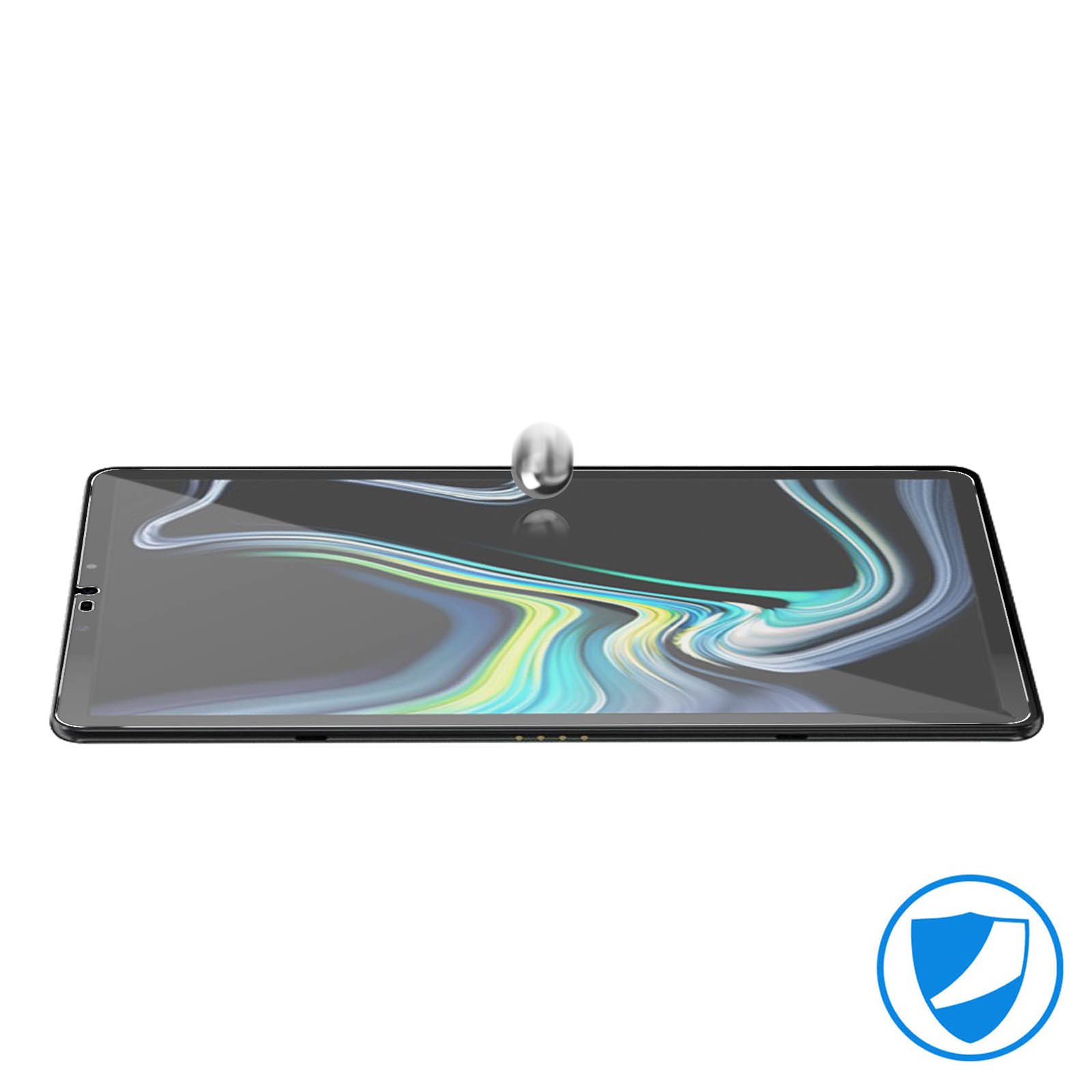 Una protezione schermo trasparente per un tablet. Una sfera d'argento impatta lo schermo.