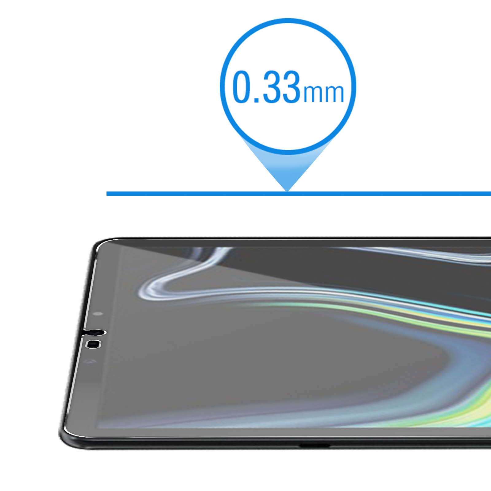 Schermo del telefono con protezione. Adesivo da 0,33 mm, vista ravvicinata, sfondo blu.