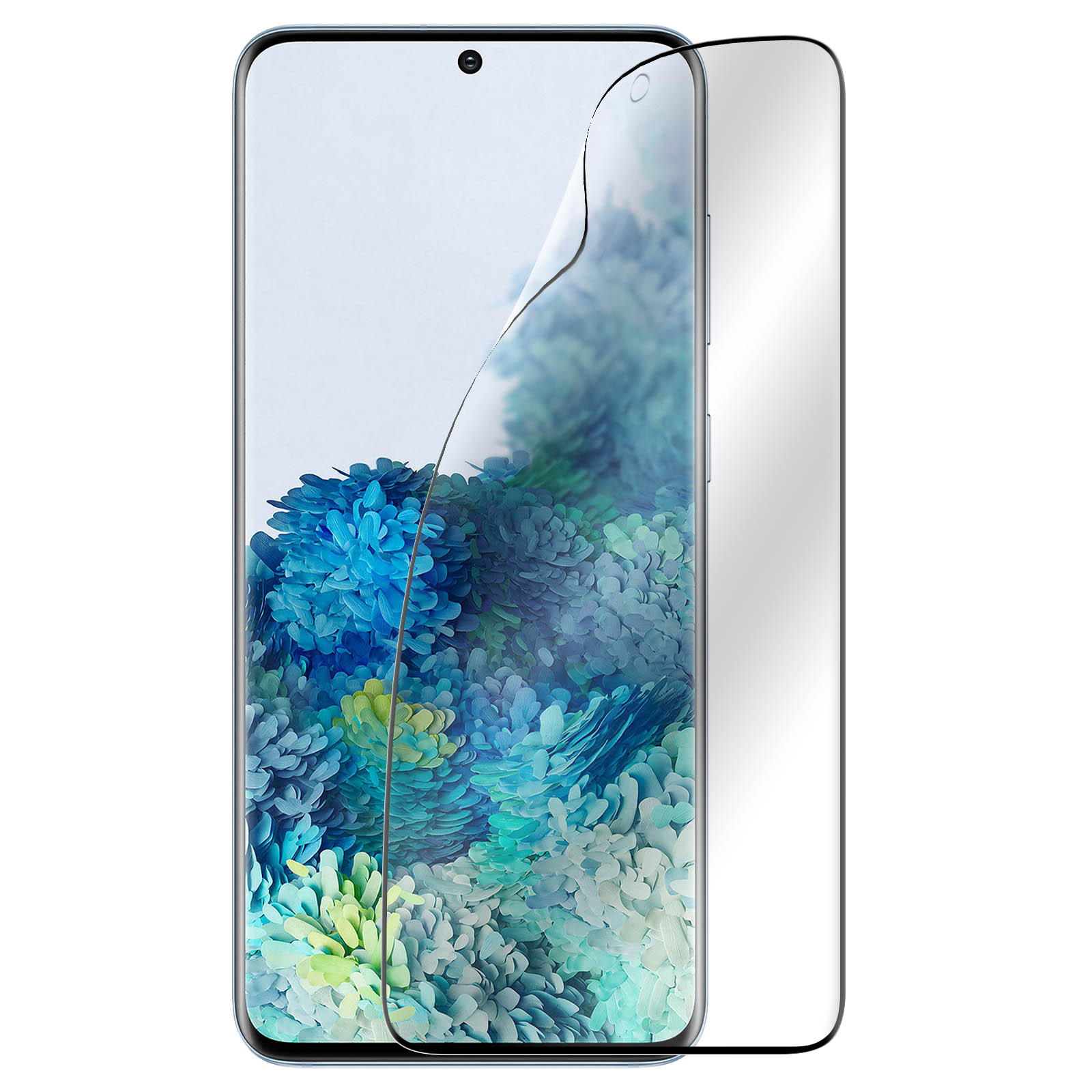 Uno smartphone con una protezione per lo schermo applicata. Lo schermo mostra un motivo floreale in blu, verde e bianco.