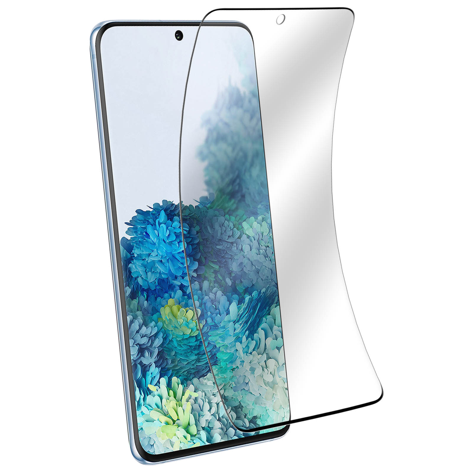 Uno smartphone con una protezione per lo schermo. Il telefono mostra un motivo floreale. Una protezione curva è sopra.