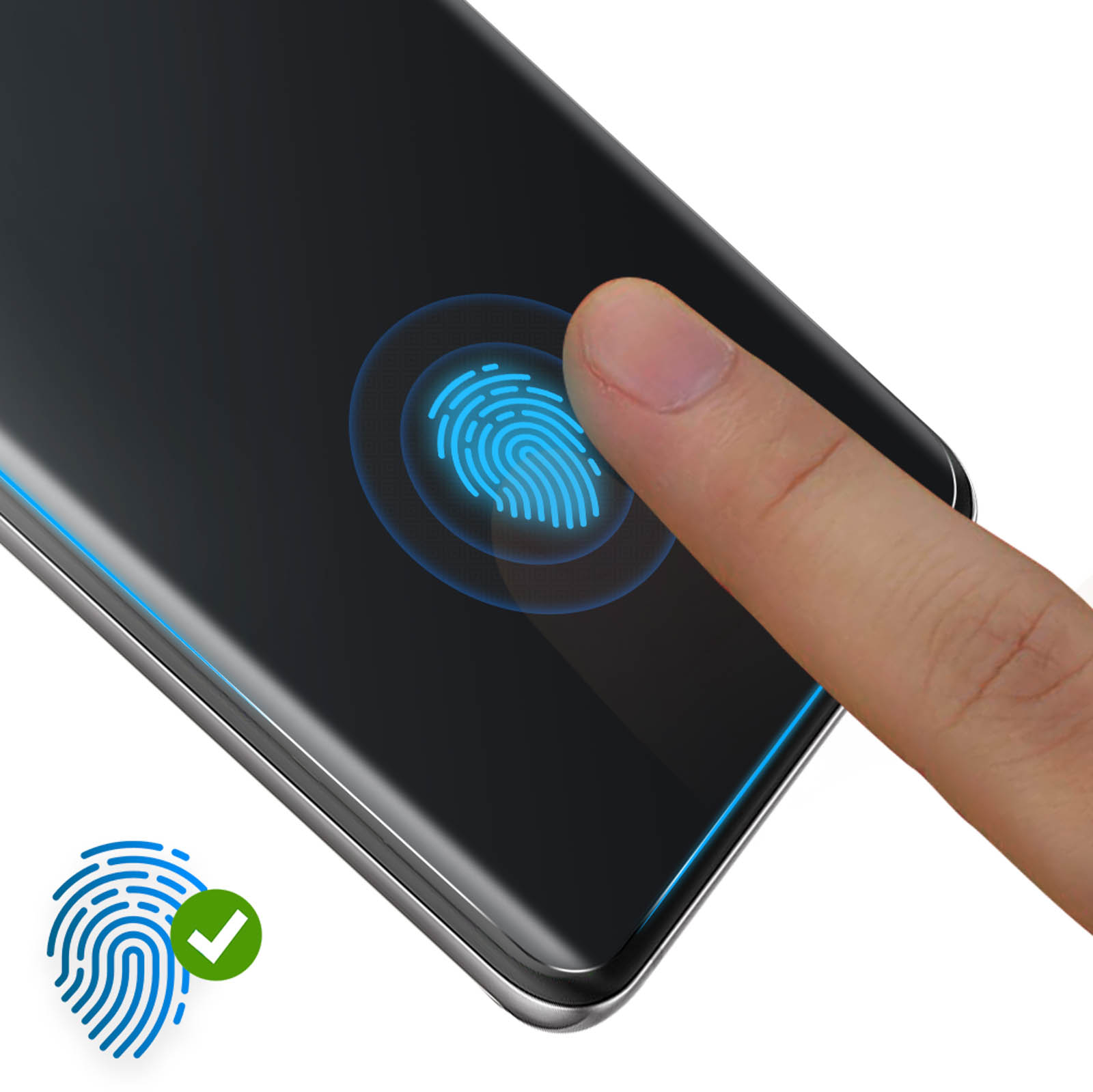 Dito tocca schermo telefono, mostra scansione impronta digitale. Bagliore blu intorno.