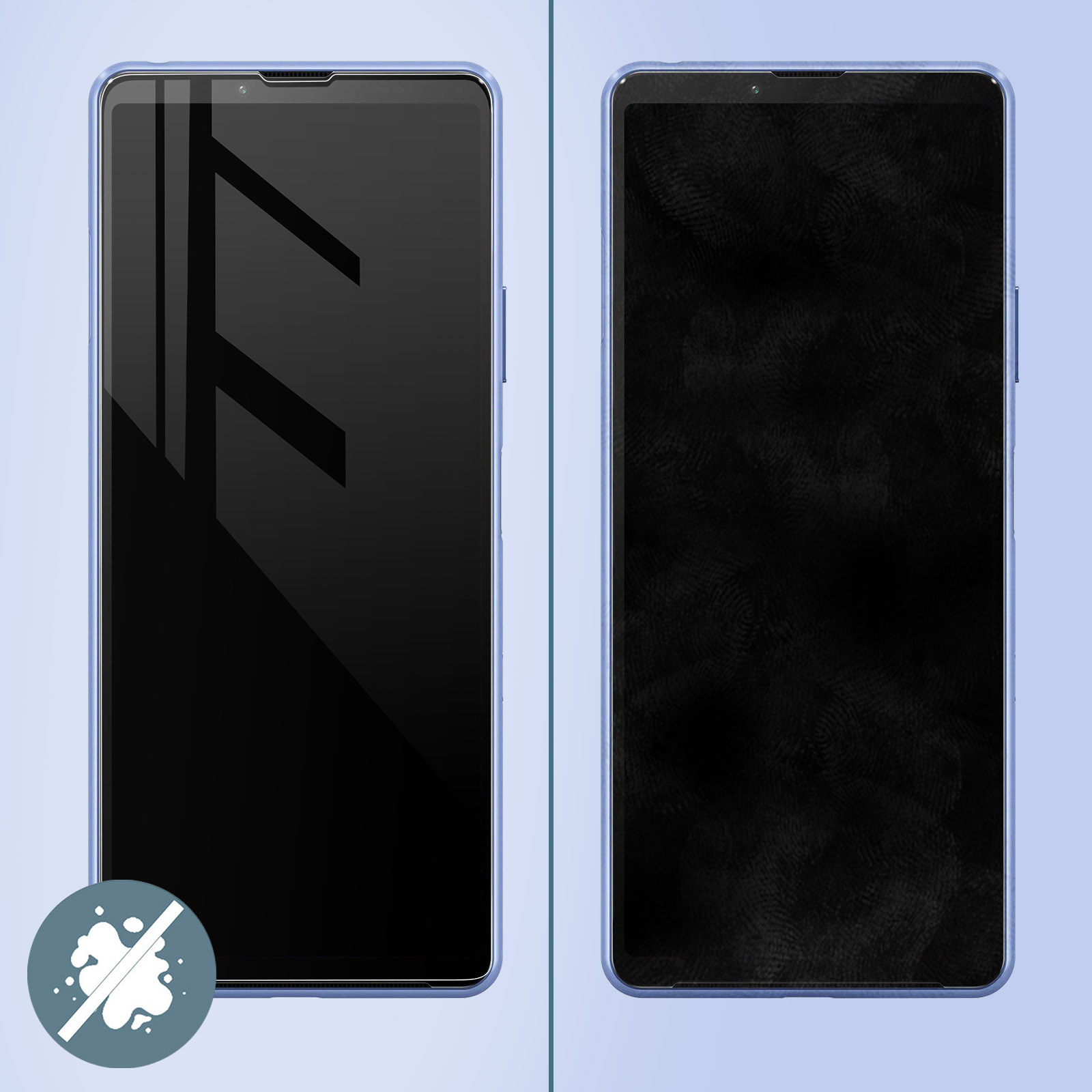 Due telefoni con protezione schermo a sinistra e un motivo di impronte digitali a destra.
