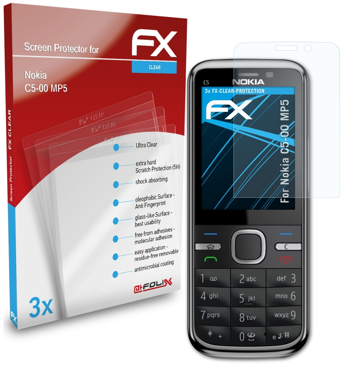 Nokia FX-Clear C5-00 3x MP5) ATFOLIX Displayschutz(für