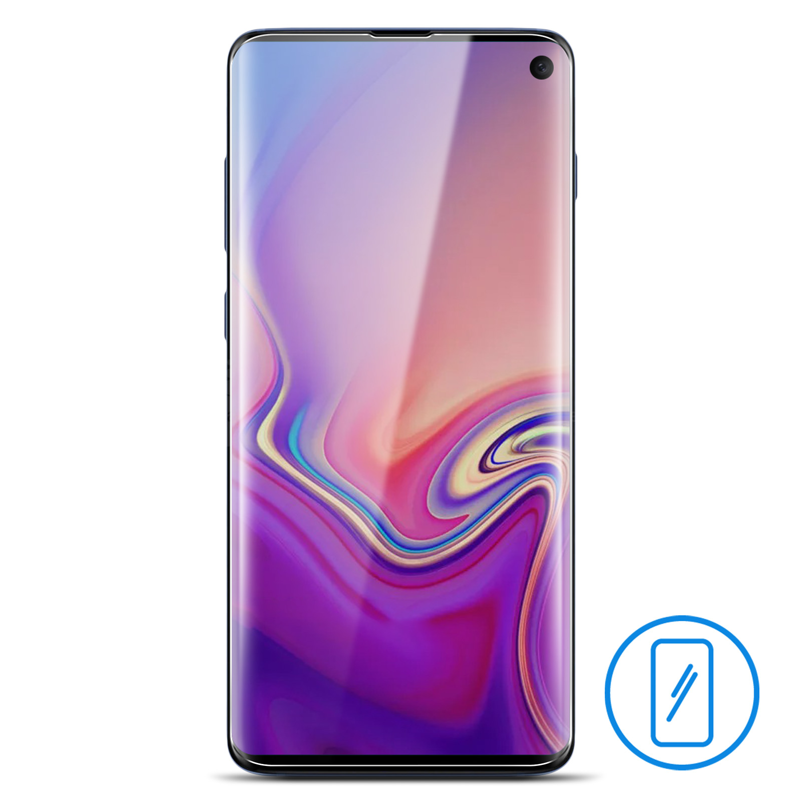 Uno smartphone nero con schermo curvo, che mostra un'interfaccia colorata con un'icona a cerchio blu.