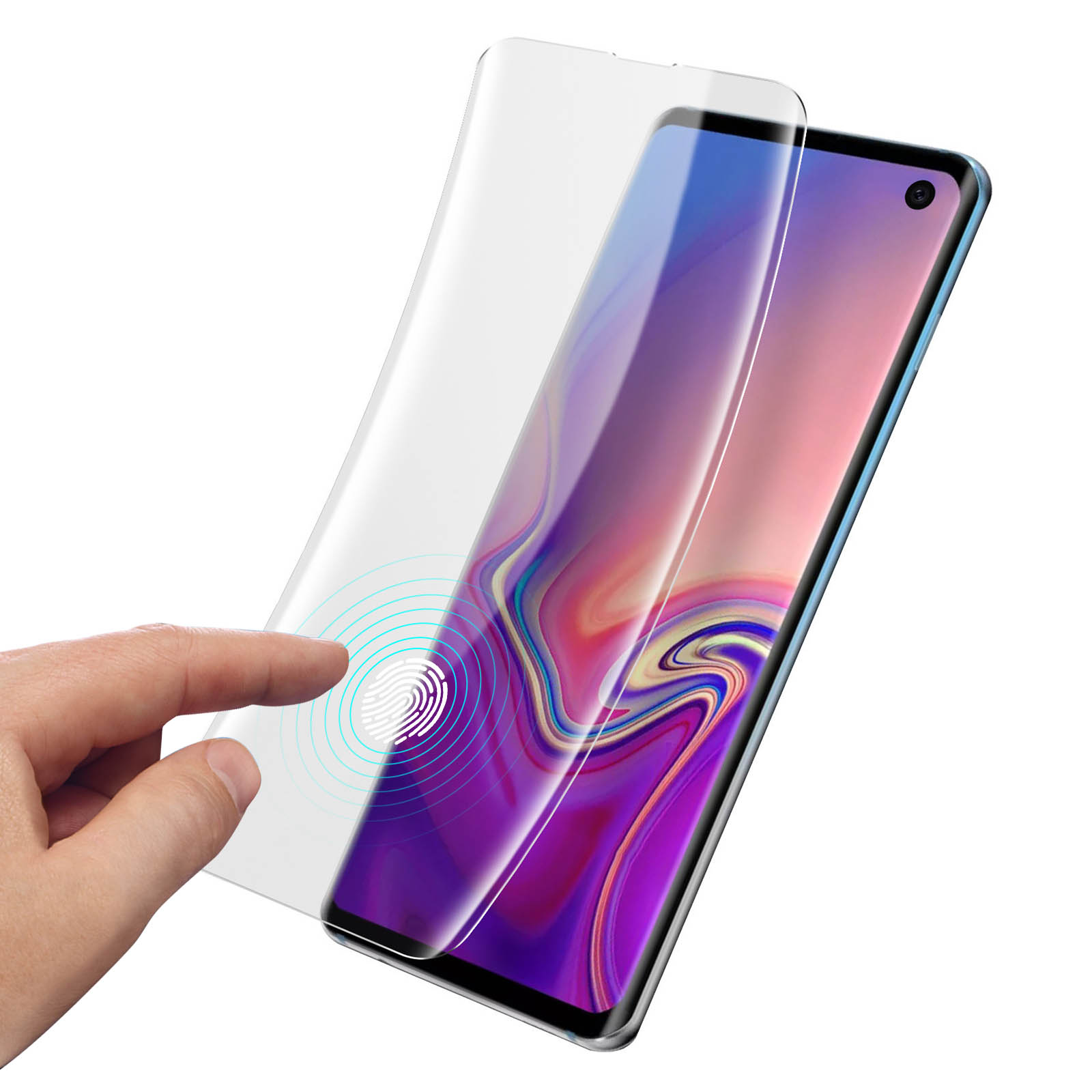 Telefono con protezione schermo, sensore impronte digitali. Dito tocca la protezione.