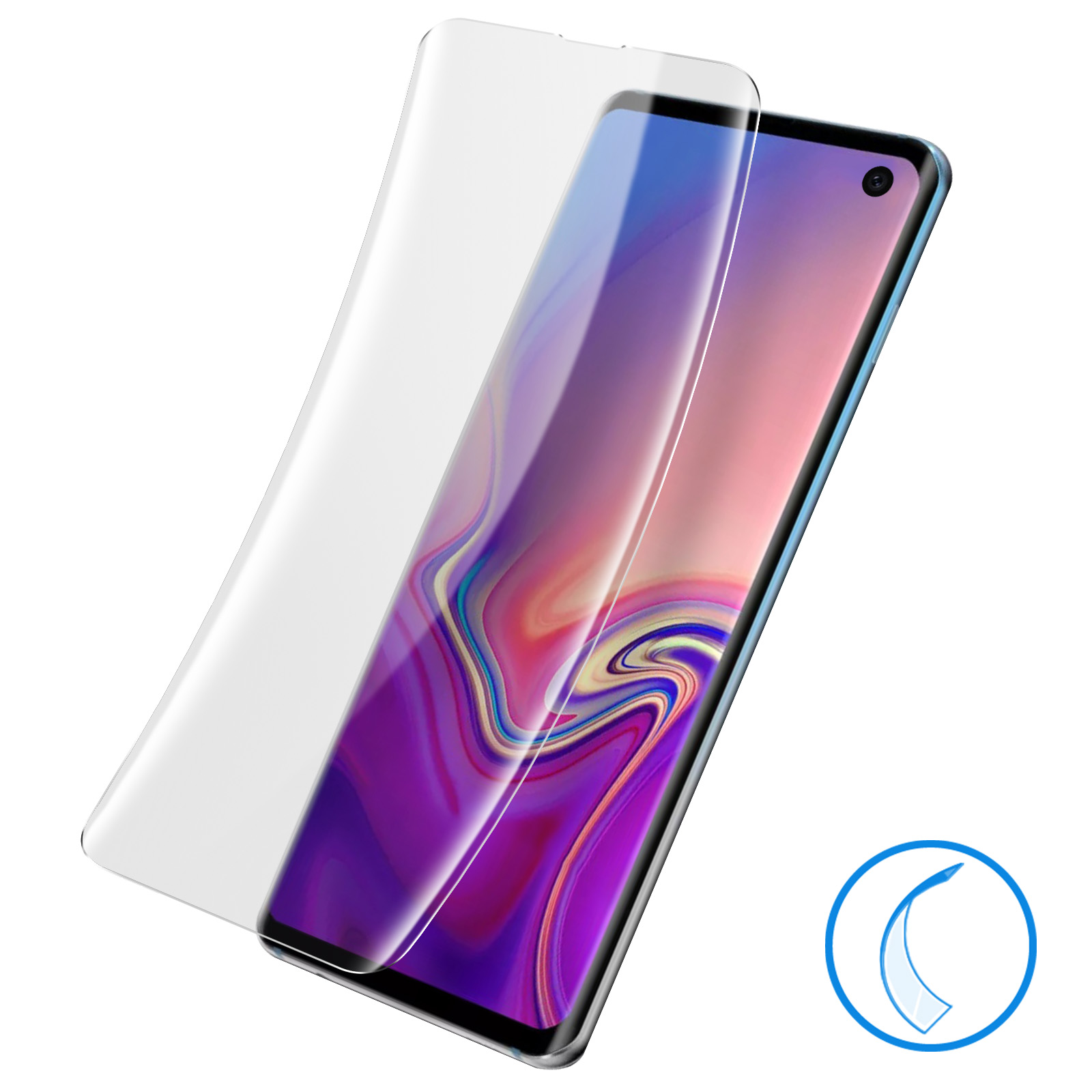 Un proteggi schermo trasparente è posto su un telefono blu e viola. Sfondo bianco.