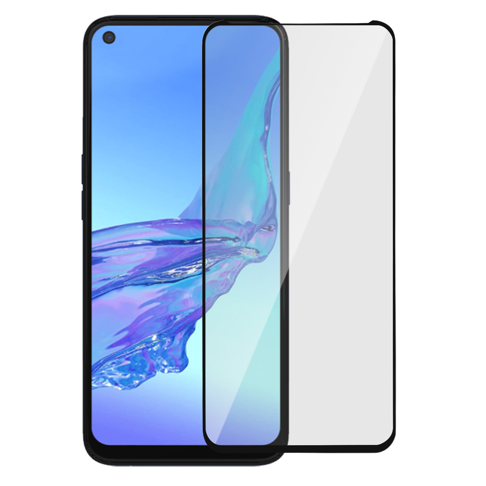 Uno smartphone con una protezione per lo schermo. Il telefono è nero e ha un display blu. La protezione è trasparente.
